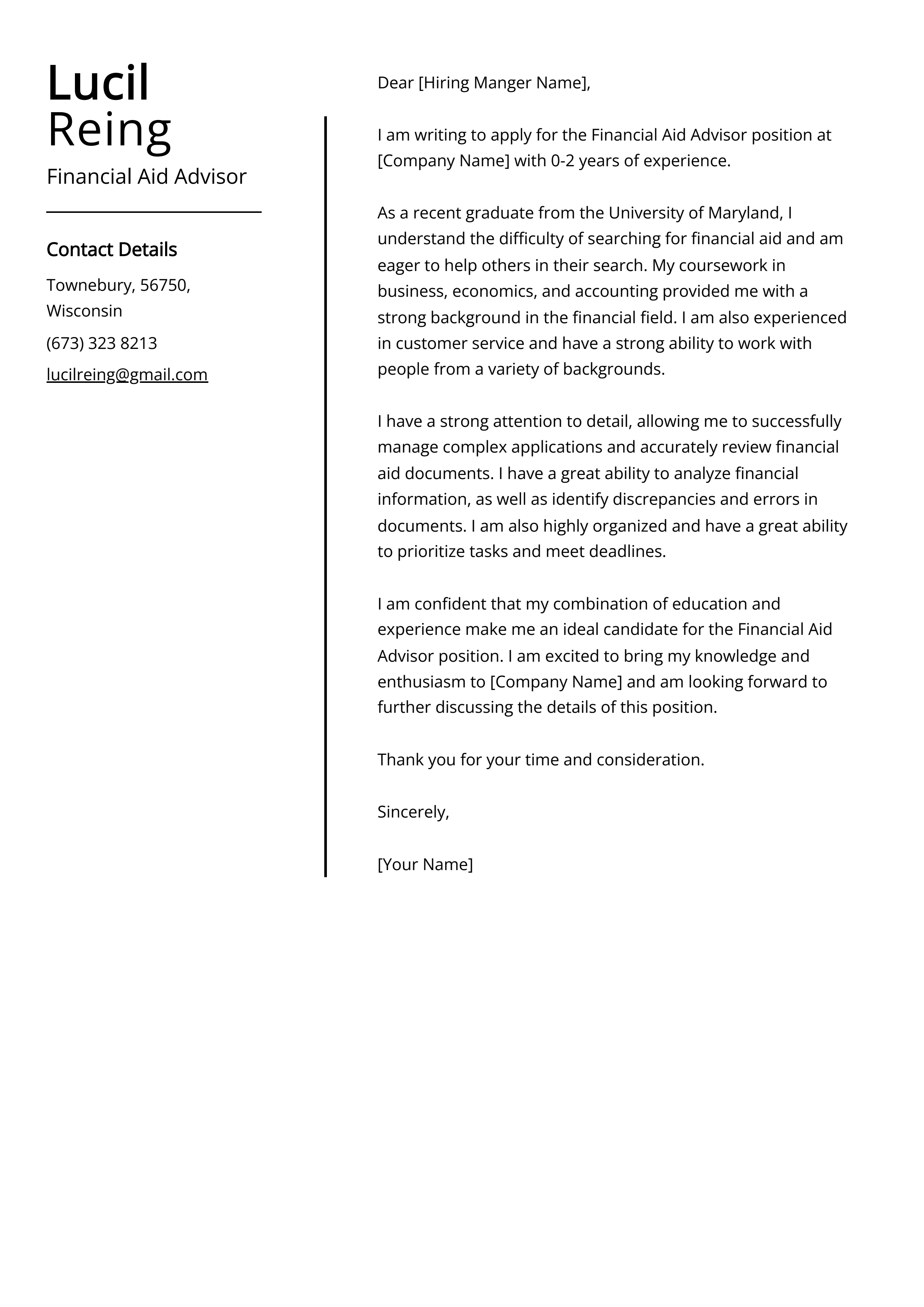 Financial Aid Advisor Cover Letter Example