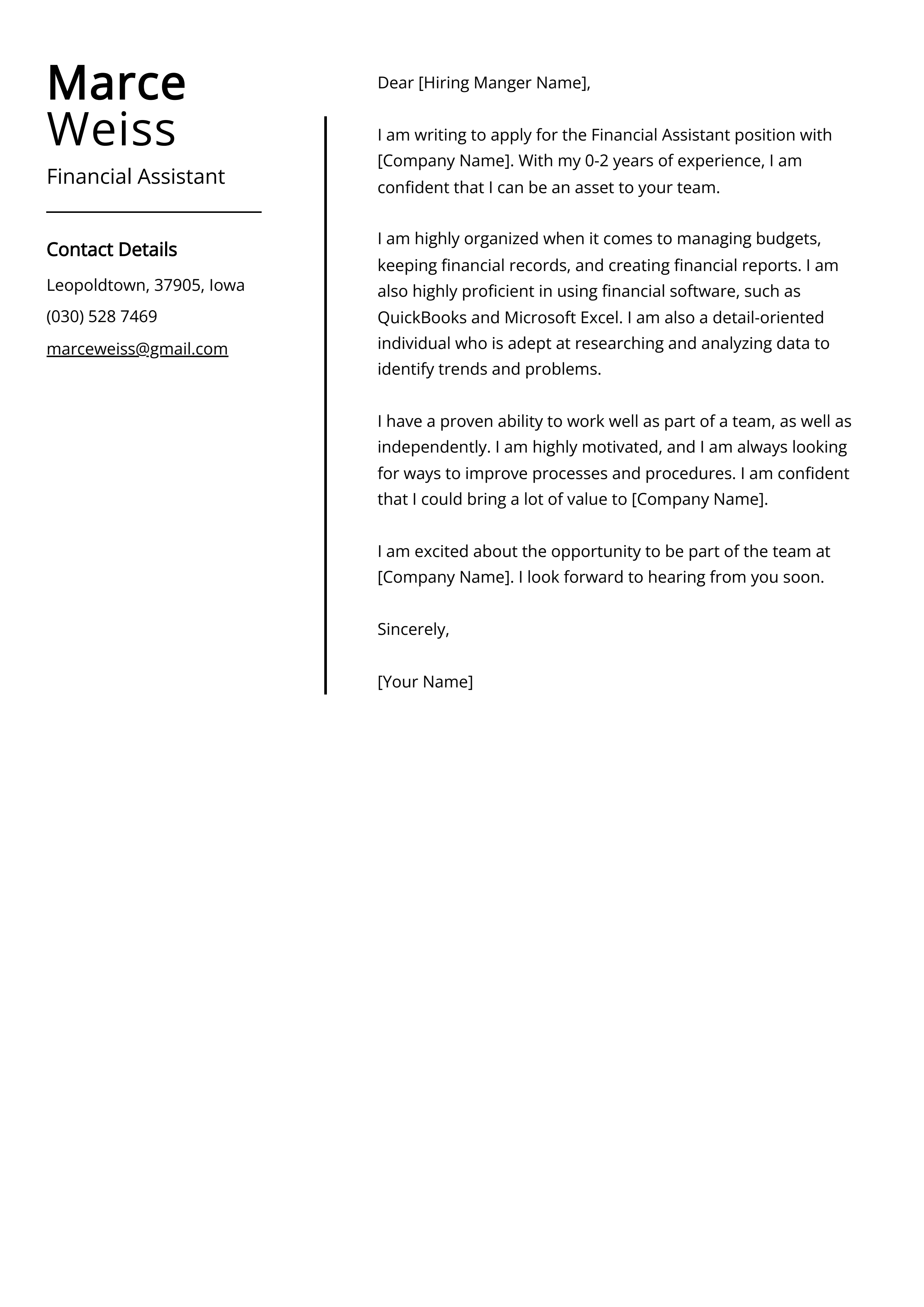 Financial Assistant Cover Letter Example