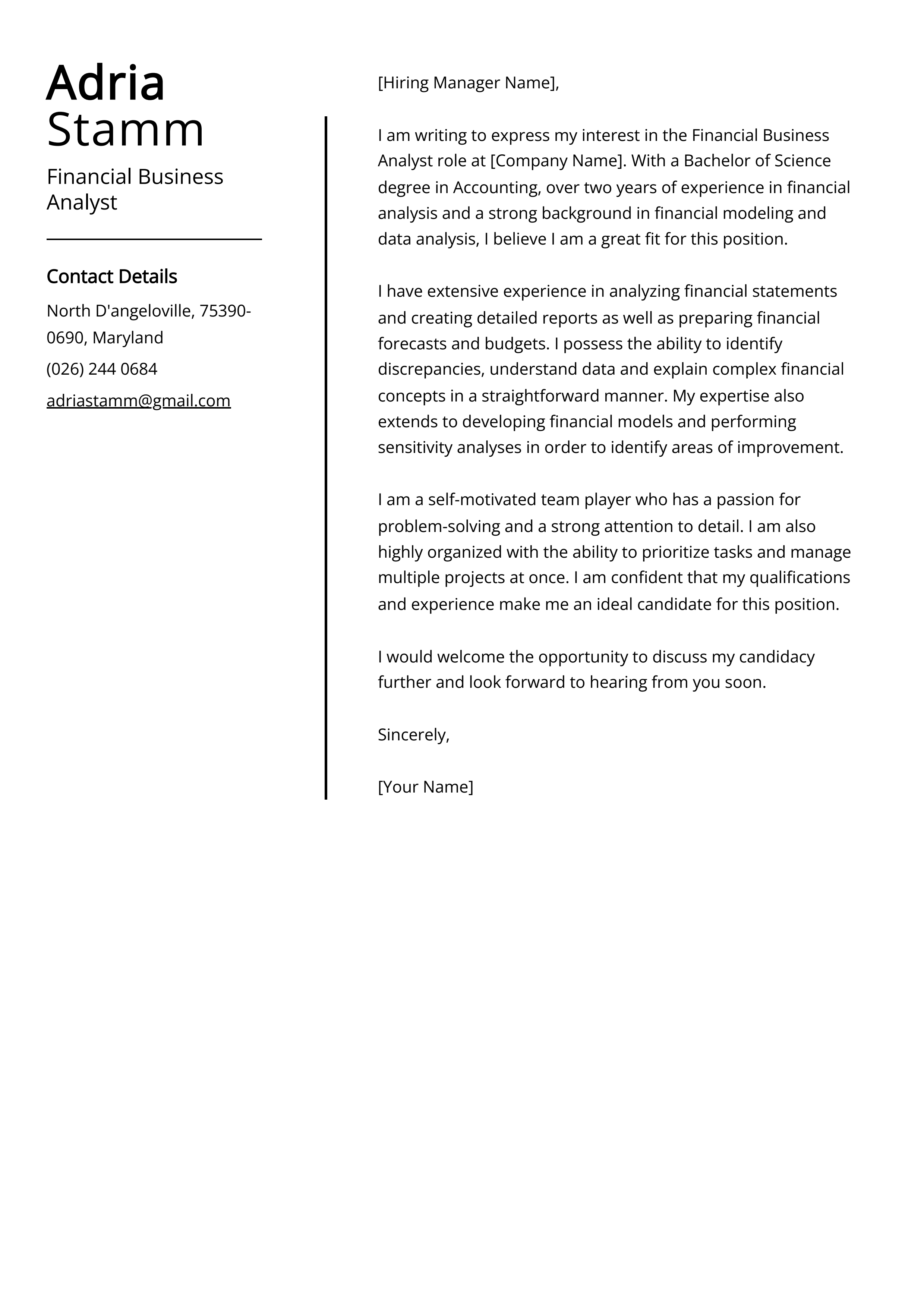 Financial Business Analyst Cover Letter Example