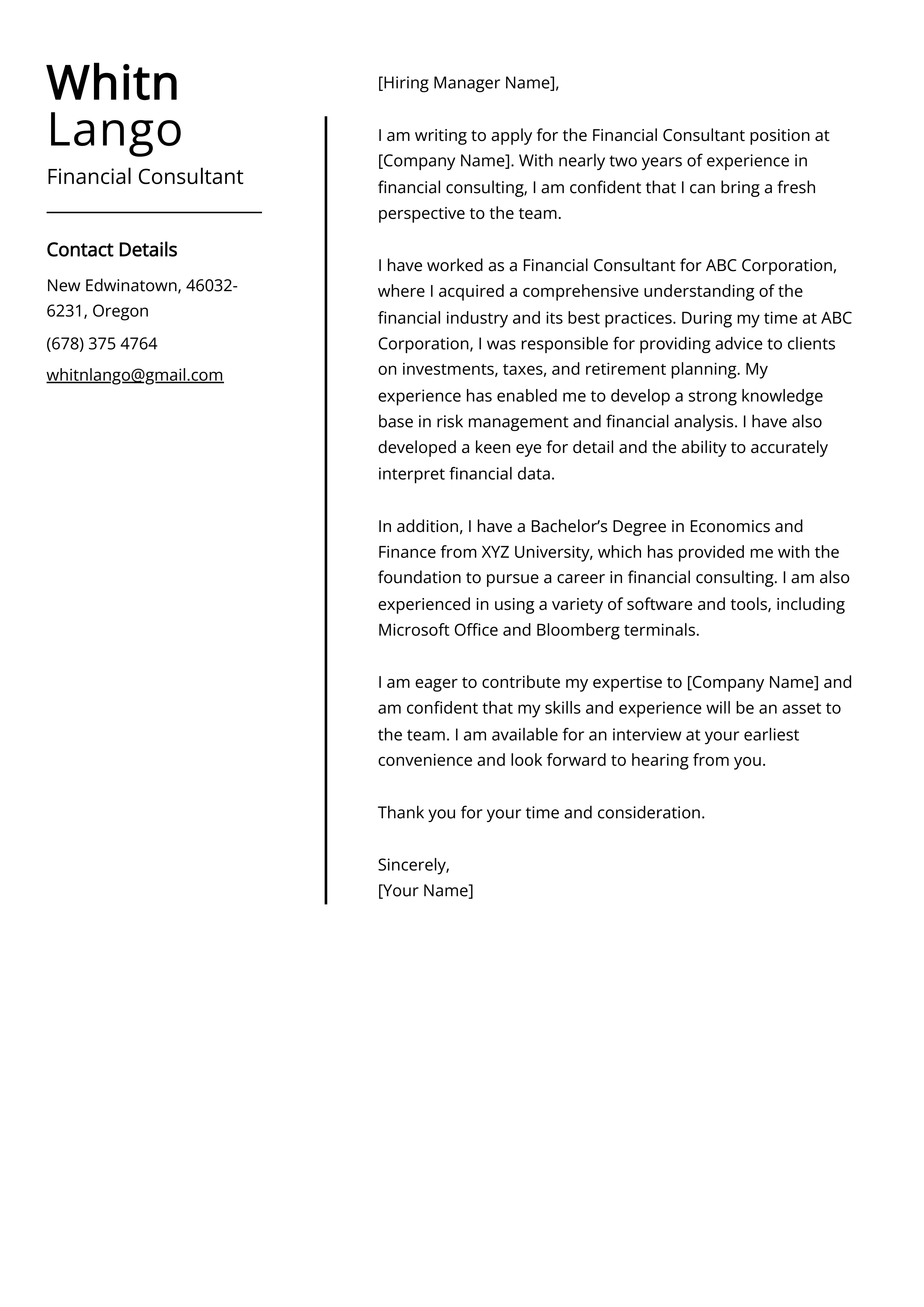 Financial Consultant Cover Letter Example
