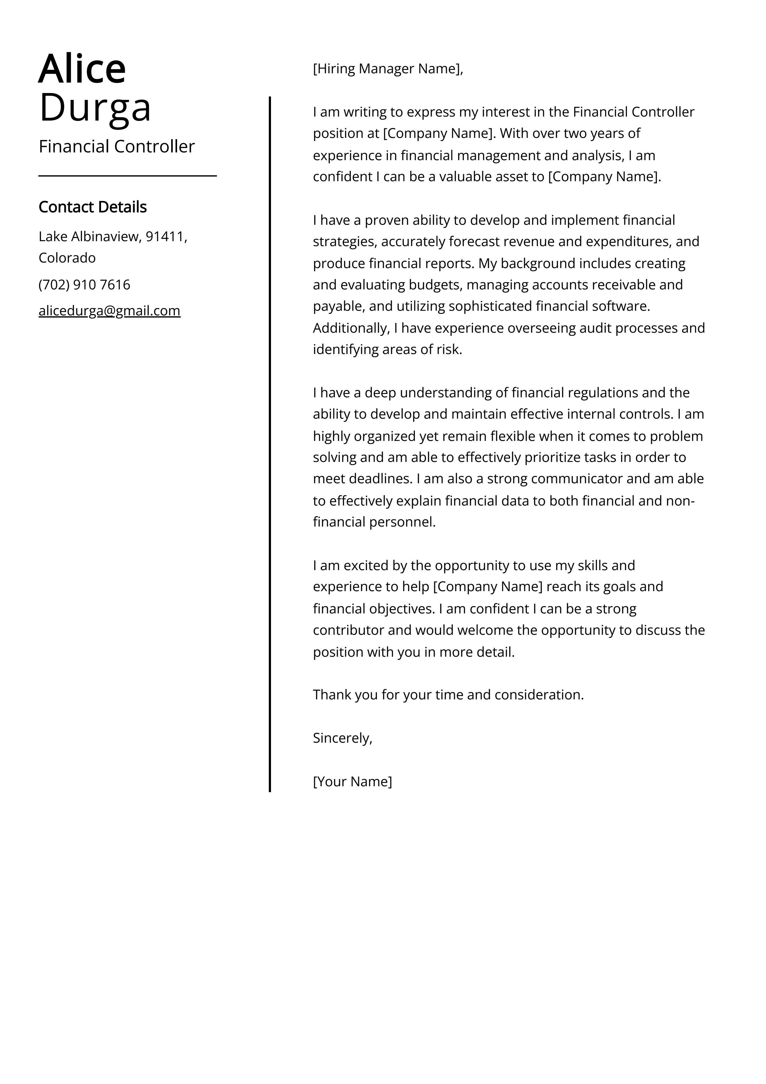 Financial Controller Cover Letter Example