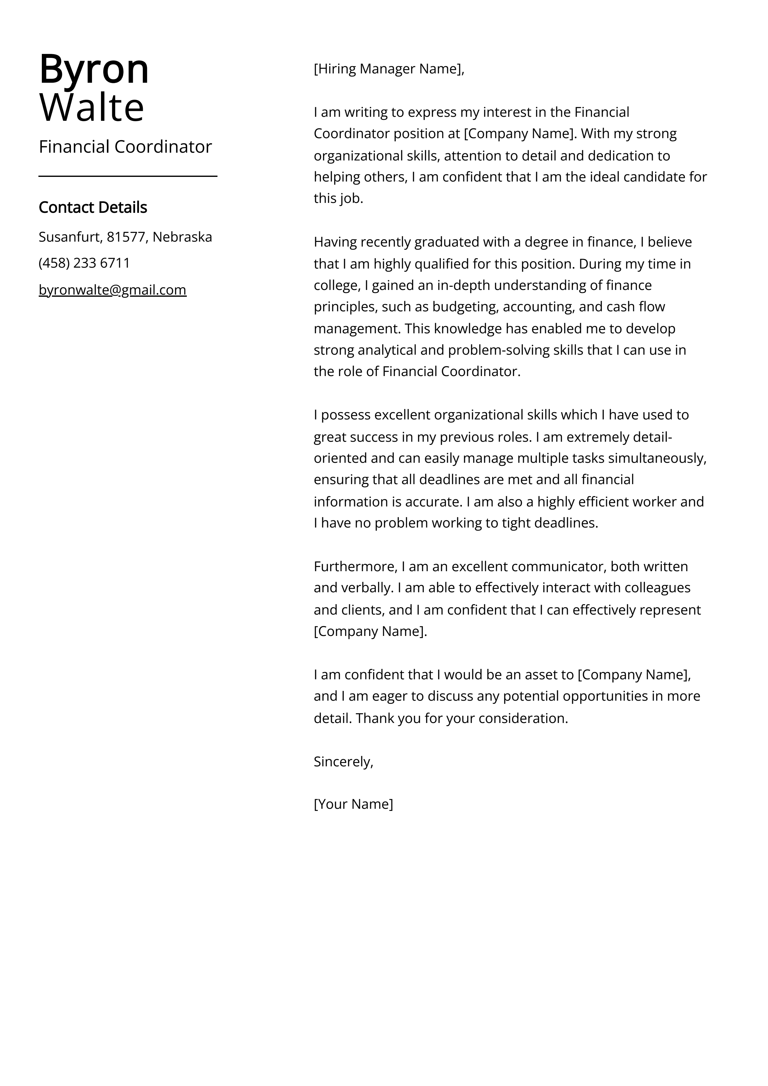 Financial Coordinator Cover Letter Example