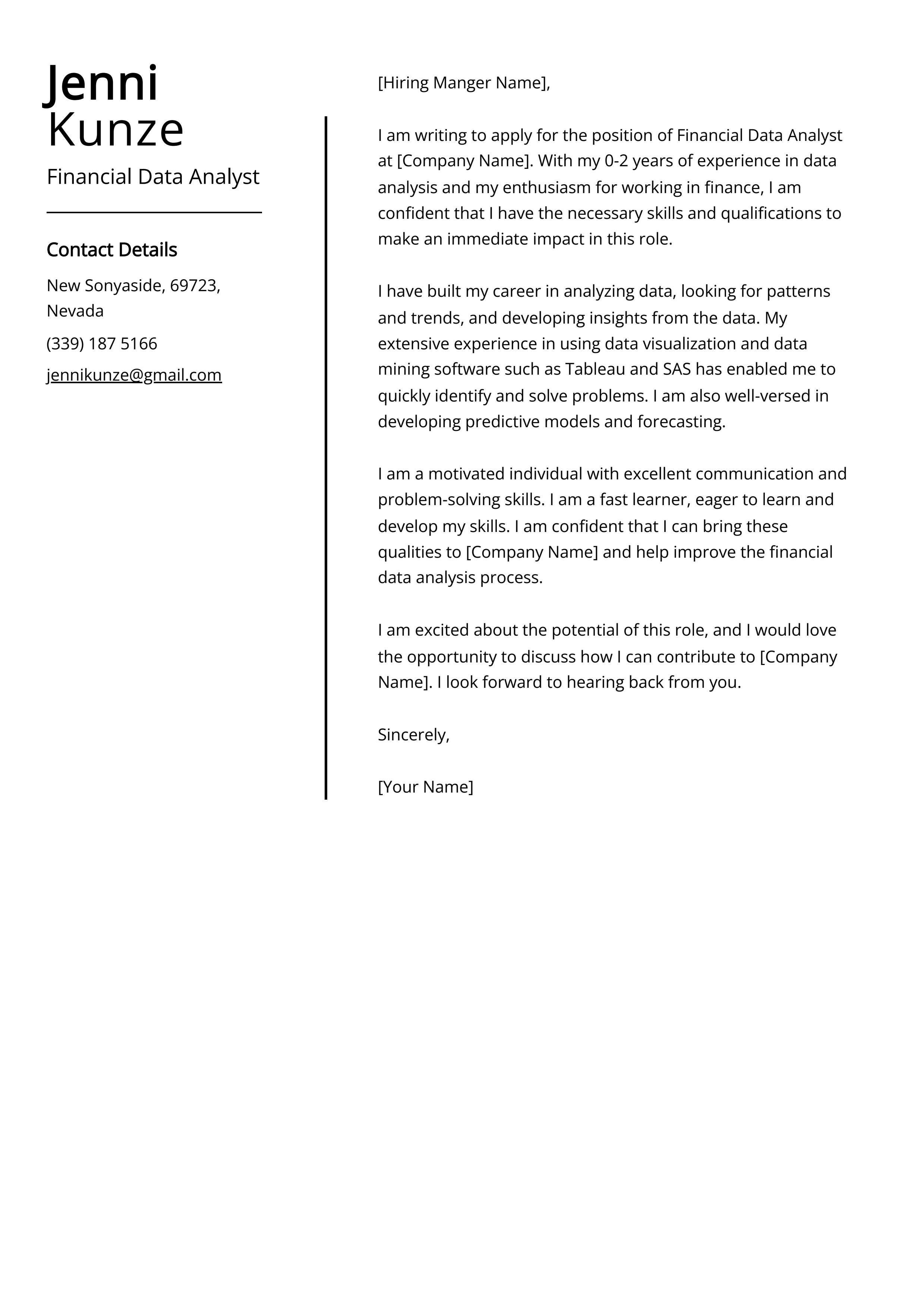 Financial Data Analyst Cover Letter Example
