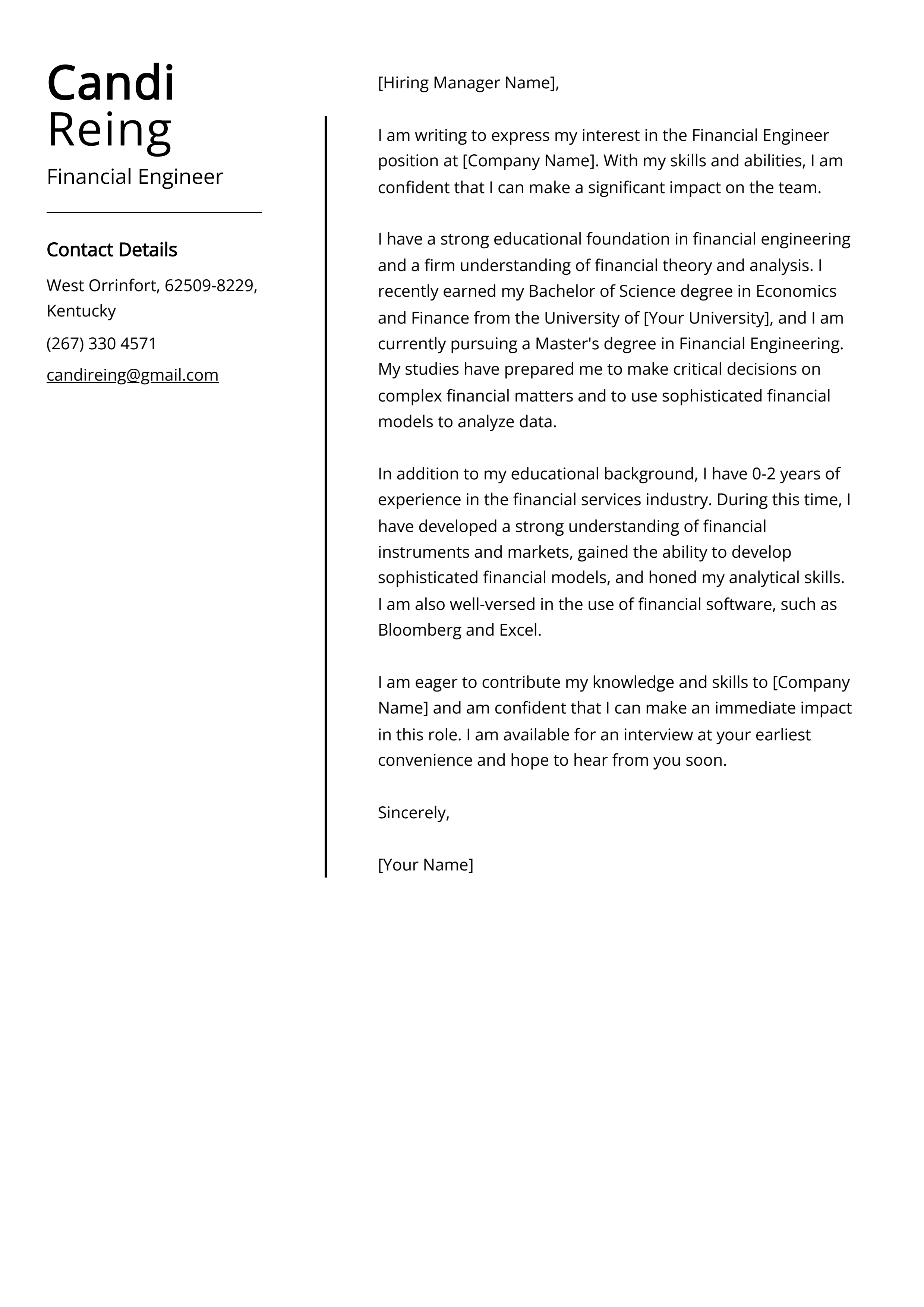 Financial Engineer Cover Letter Example
