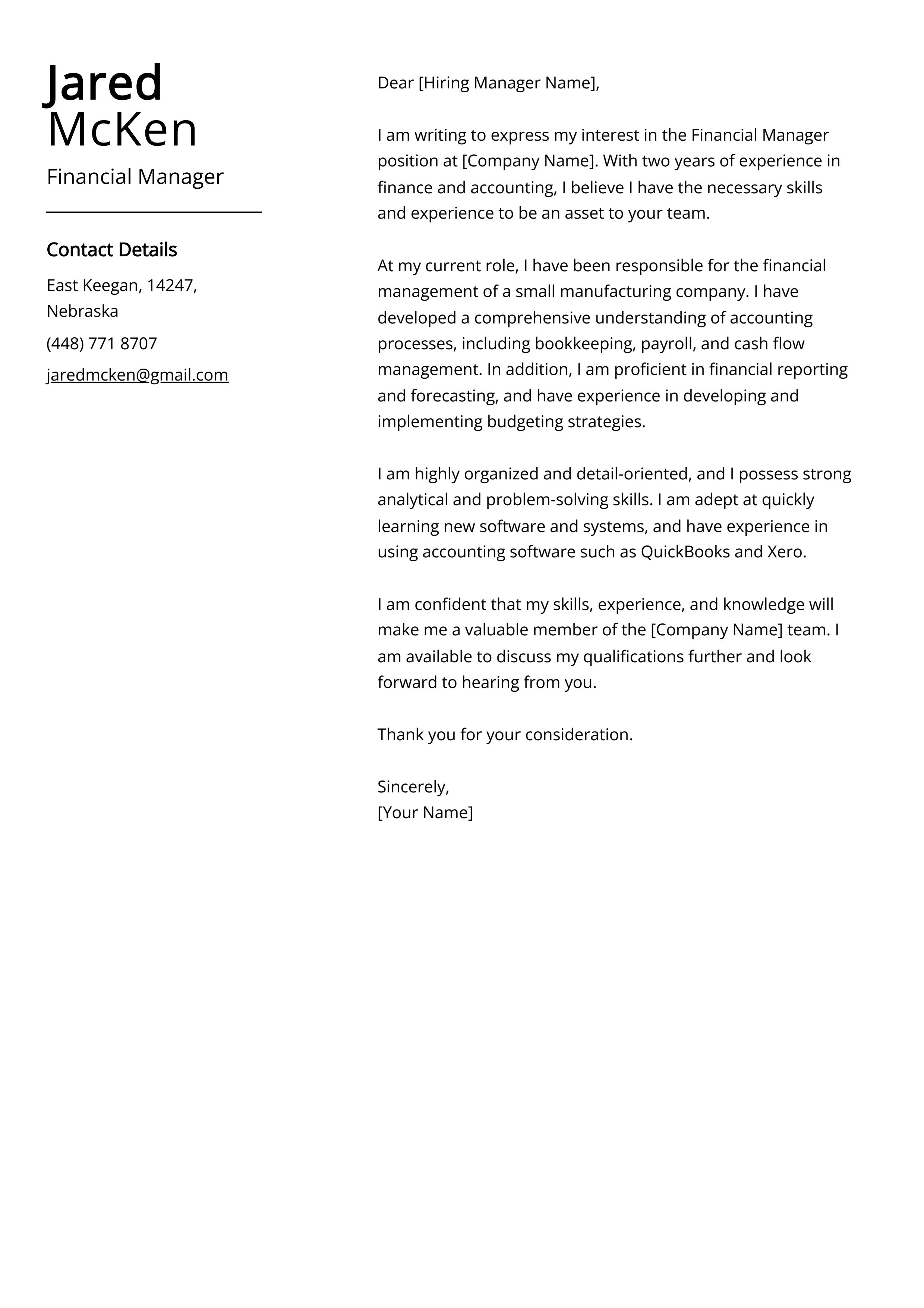 Financial Manager Cover Letter Example