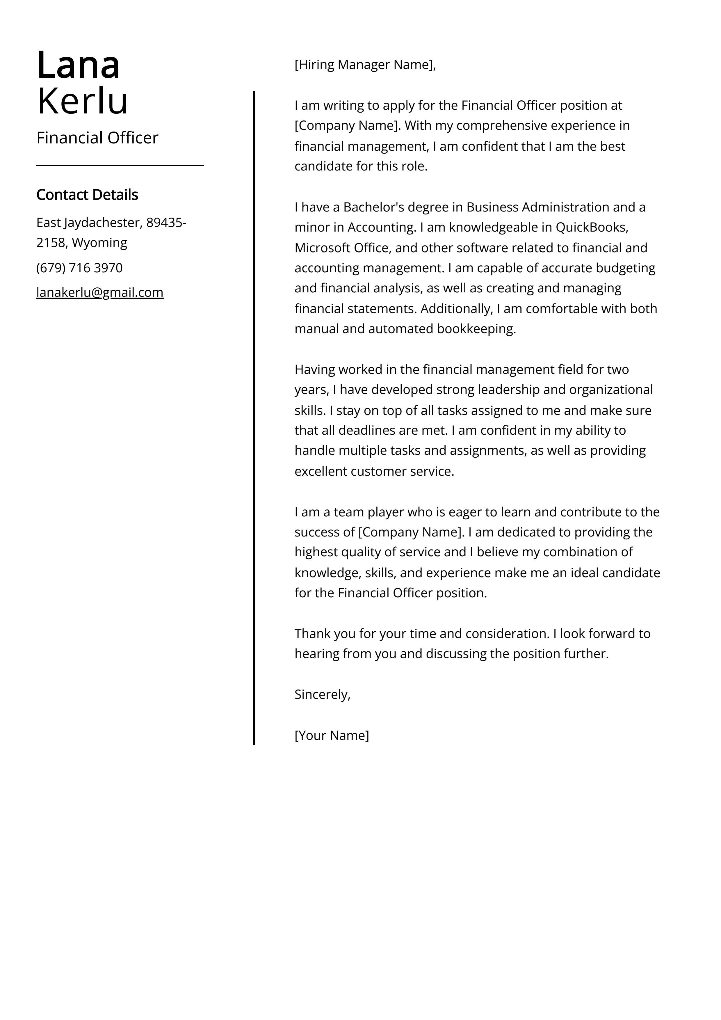 Financial Officer Cover Letter Example