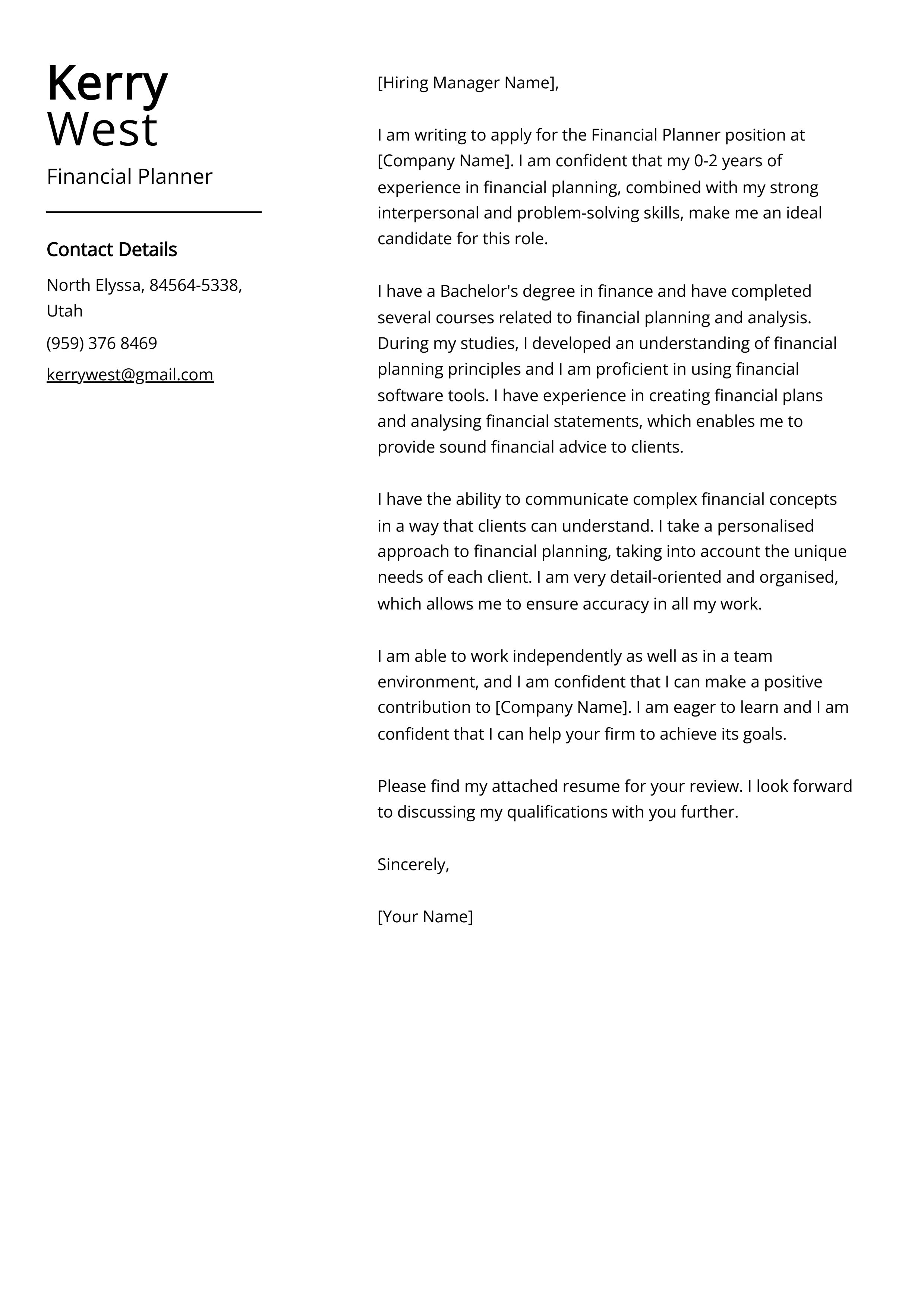 Financial Planner Cover Letter Example