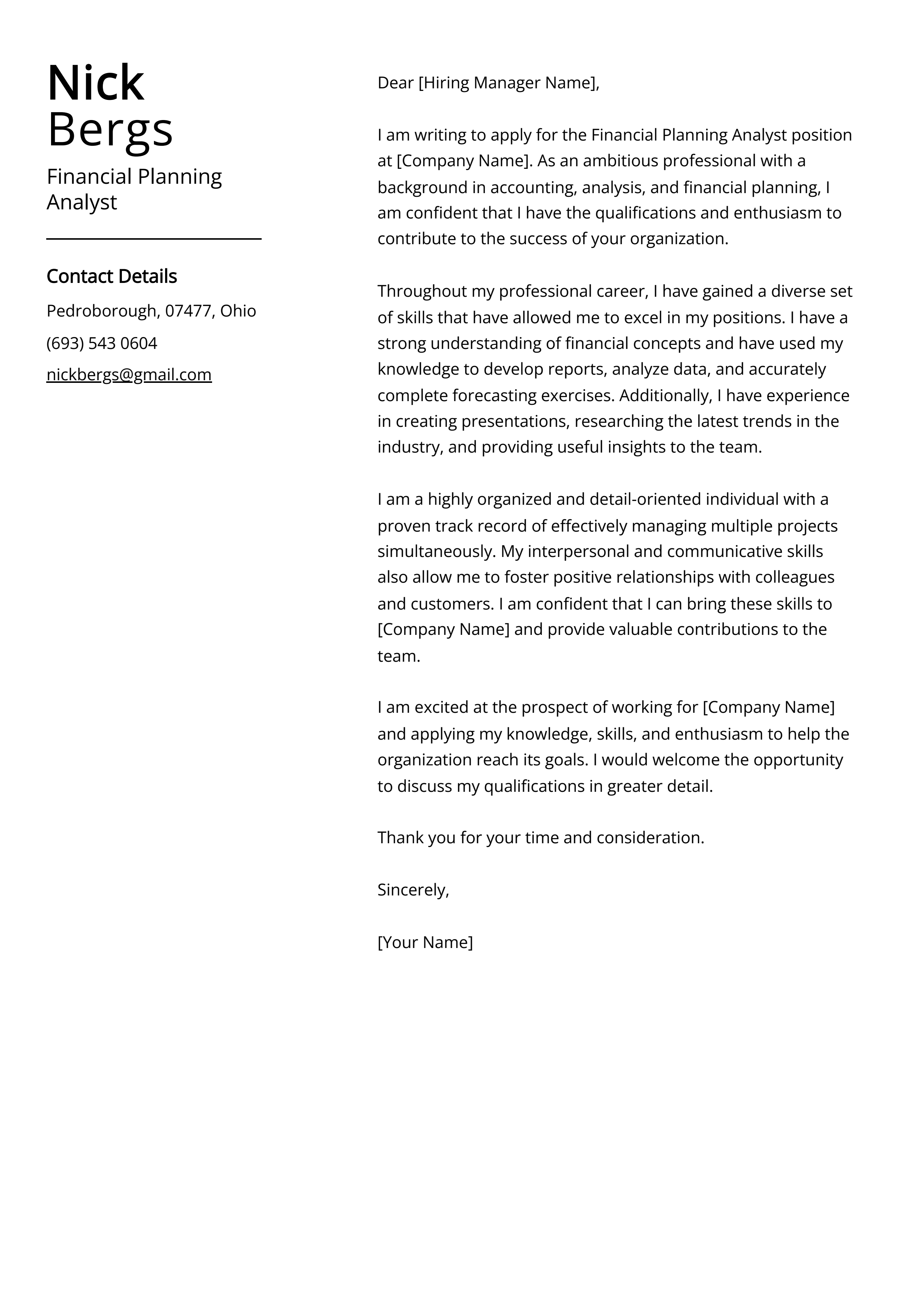 Financial Planning Analyst Cover Letter Example