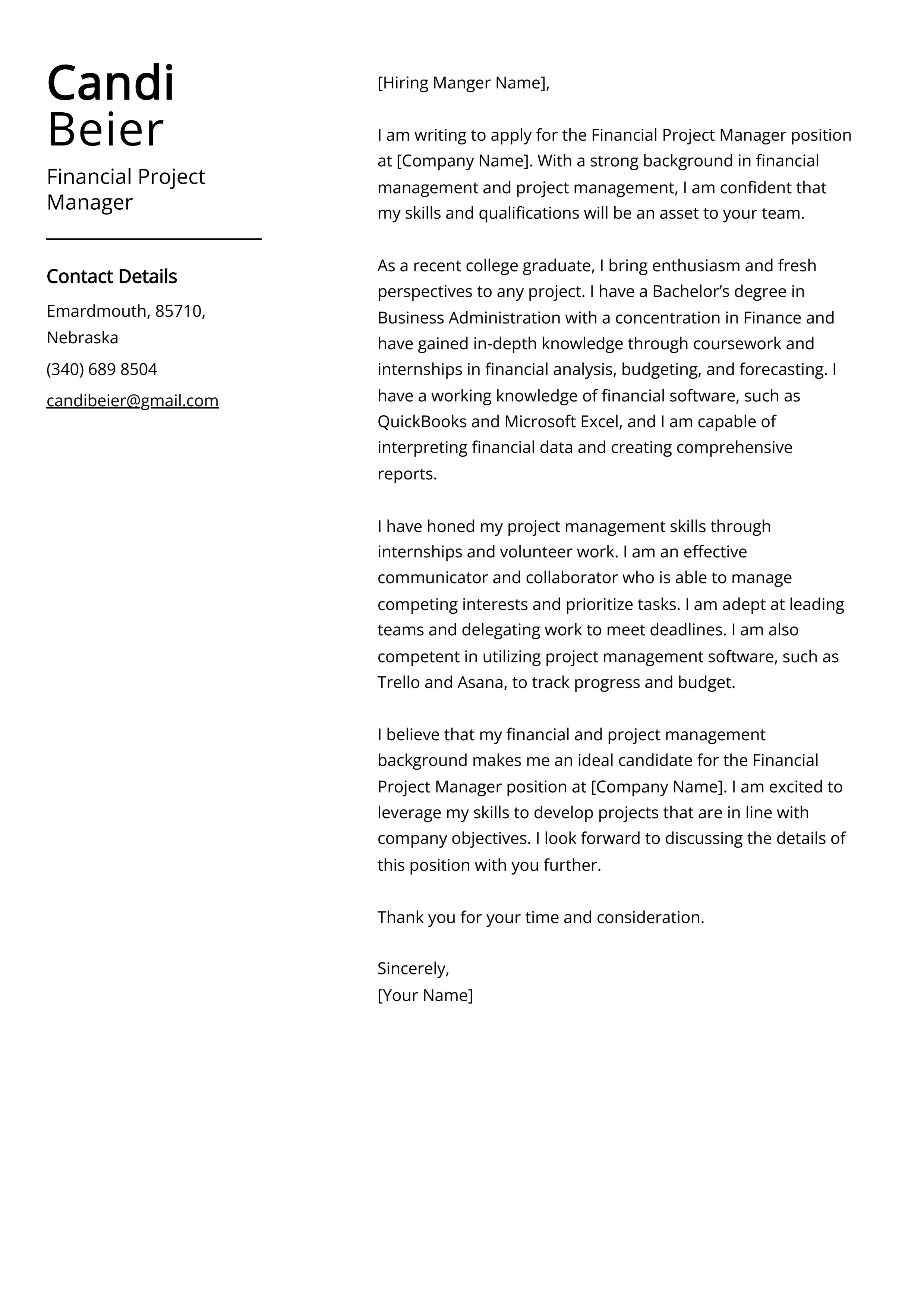 Financial Project Manager Cover Letter Example
