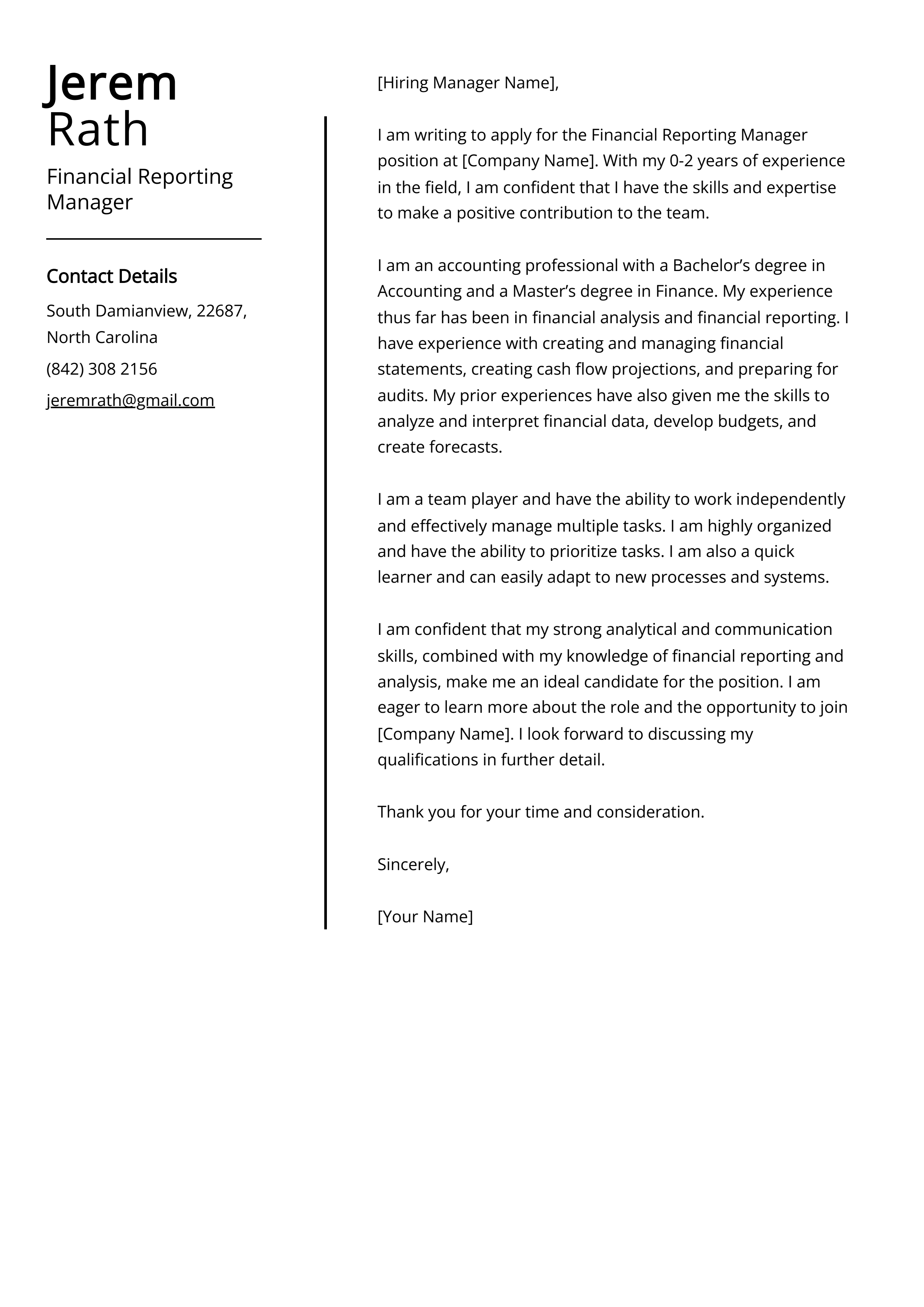 Financial Reporting Manager Cover Letter Example