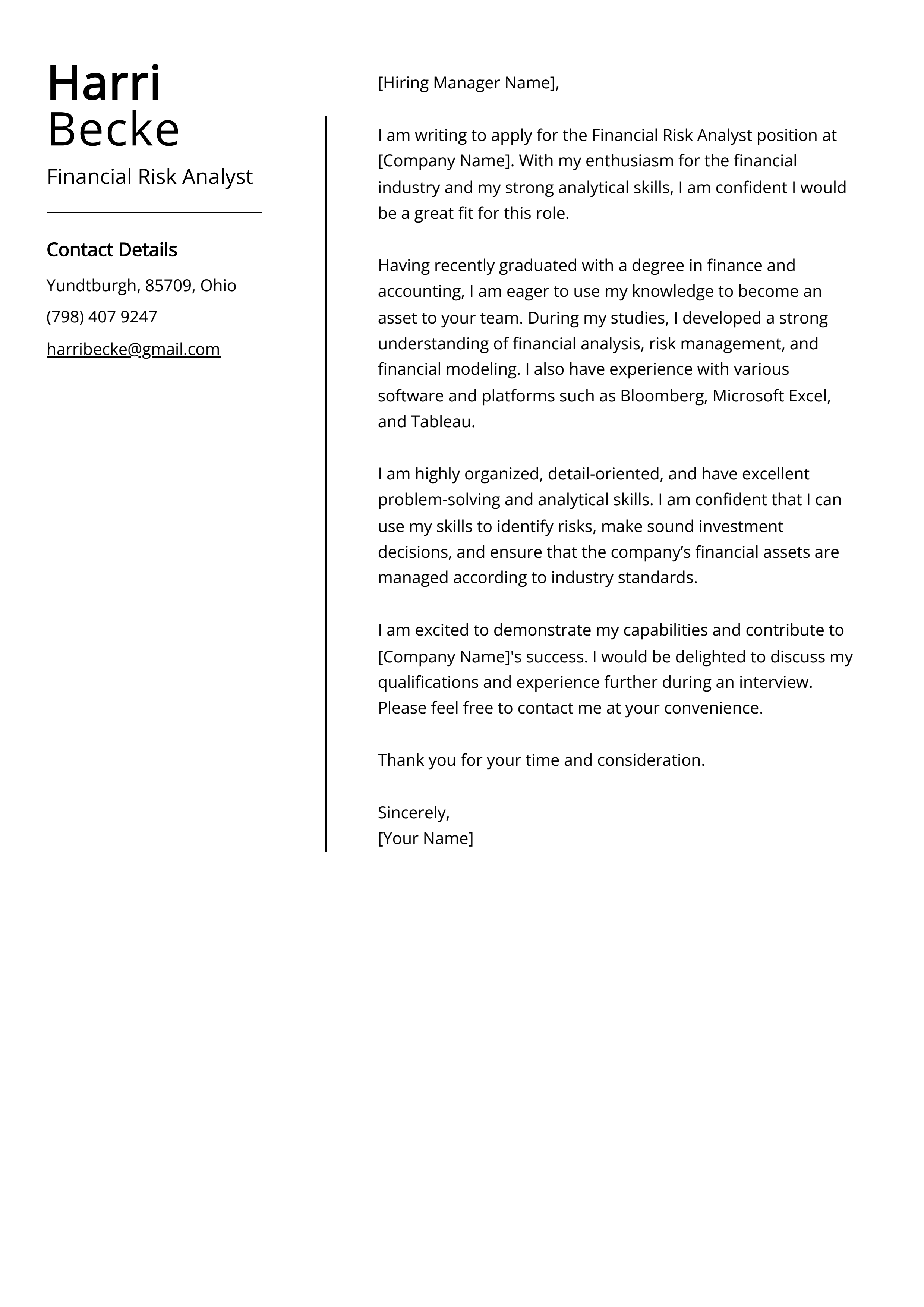 Financial Risk Analyst Cover Letter Example