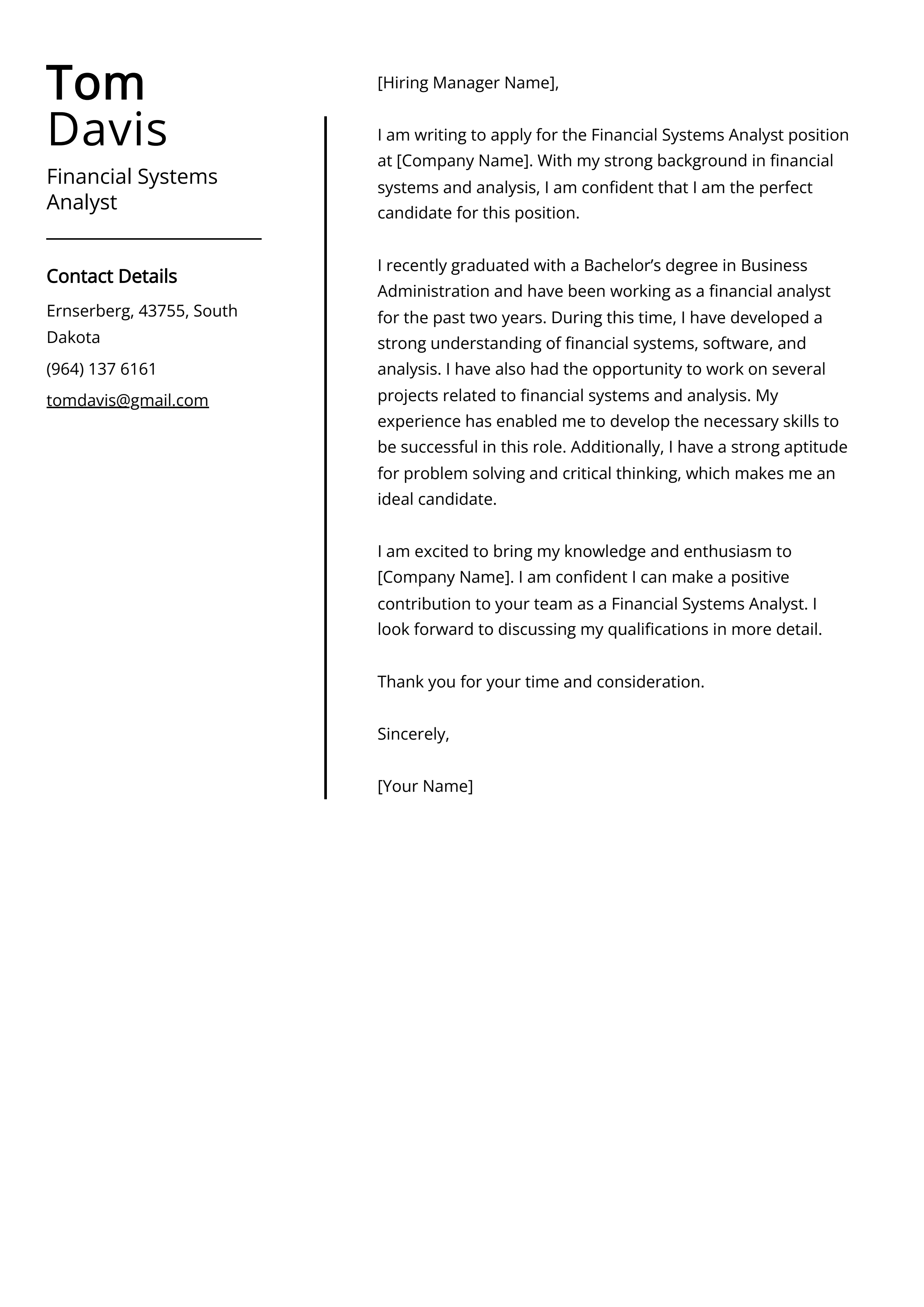 Financial Systems Analyst Cover Letter Example