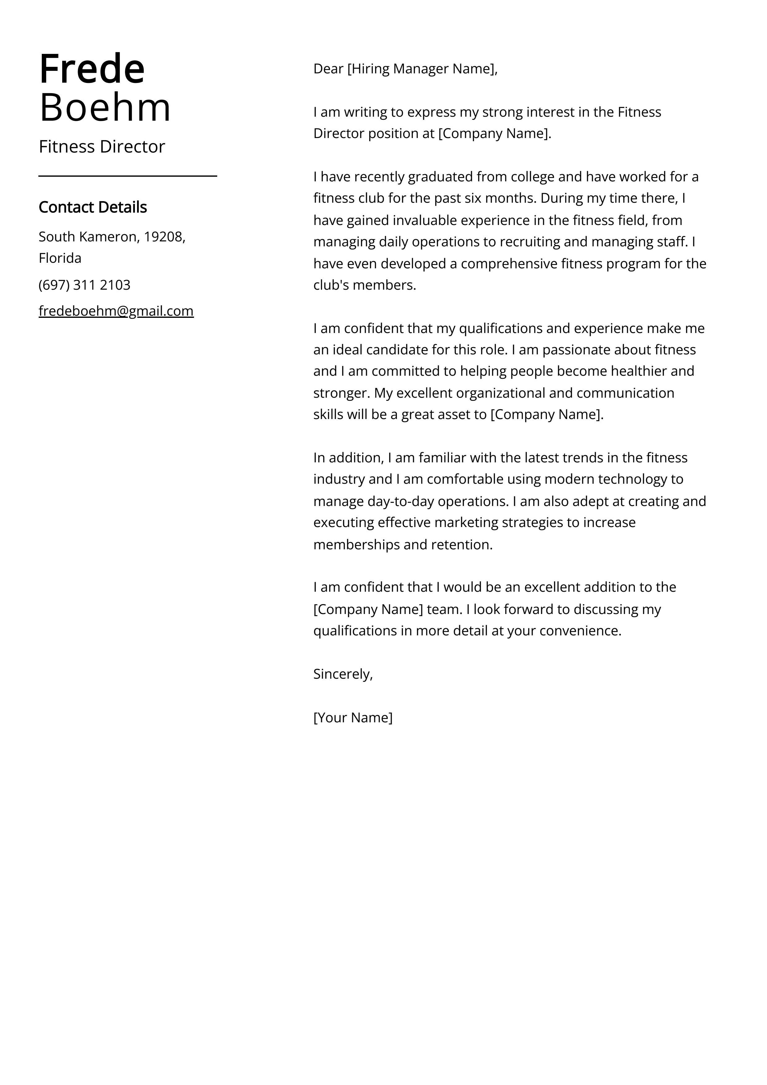 Fitness Director Cover Letter Example
