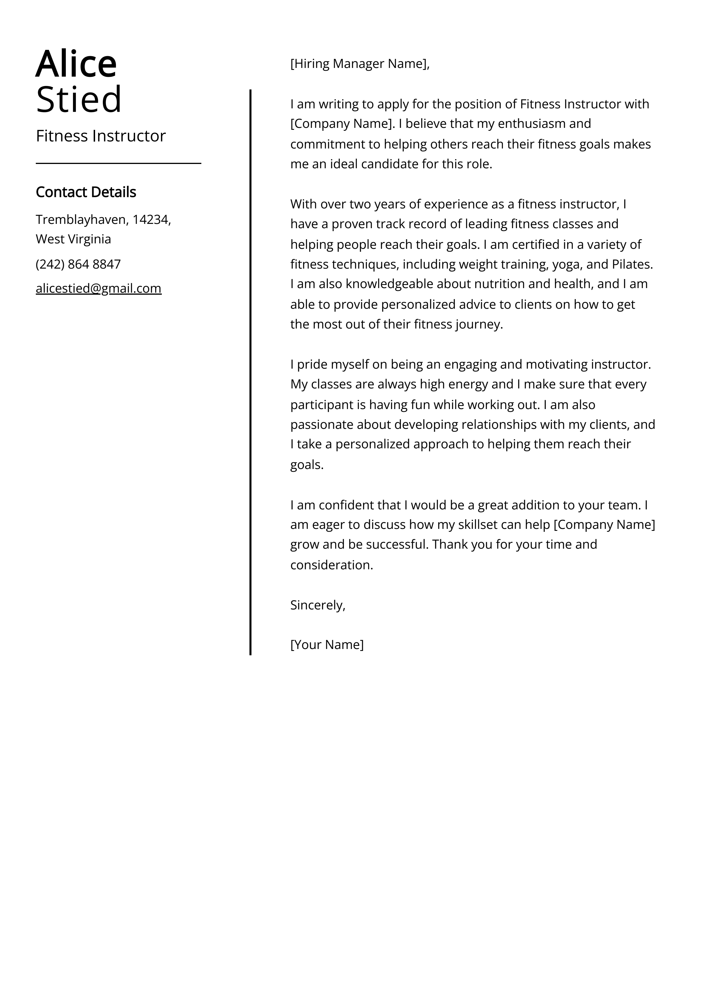 Experienced Fitness Instructor Cover Letter Example