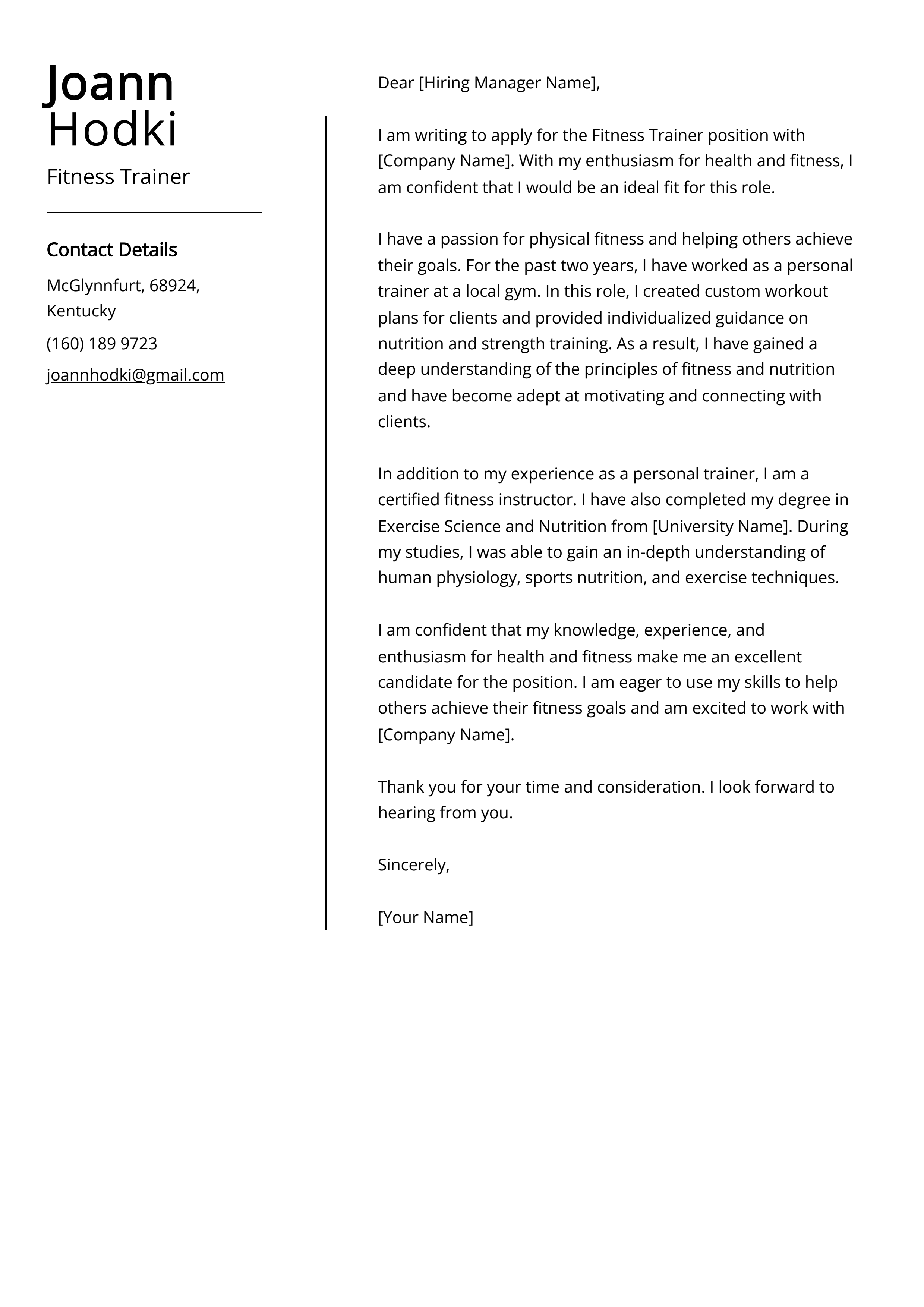 Fitness Trainer Cover Letter Example