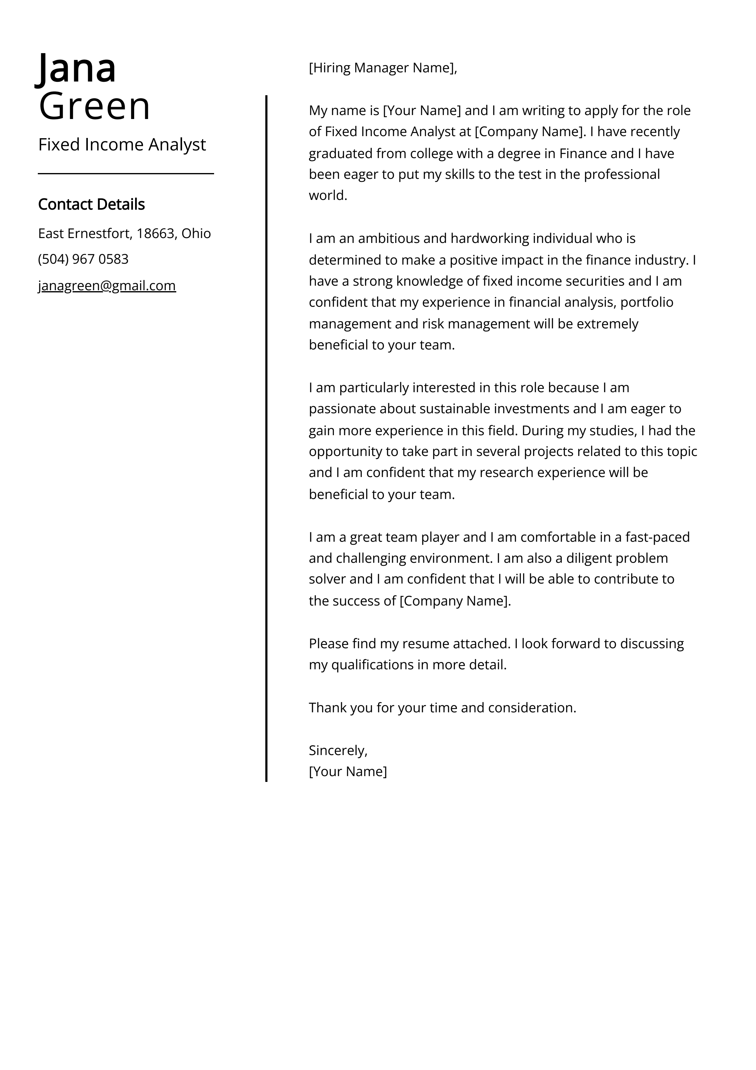 Fixed Income Analyst Cover Letter Example
