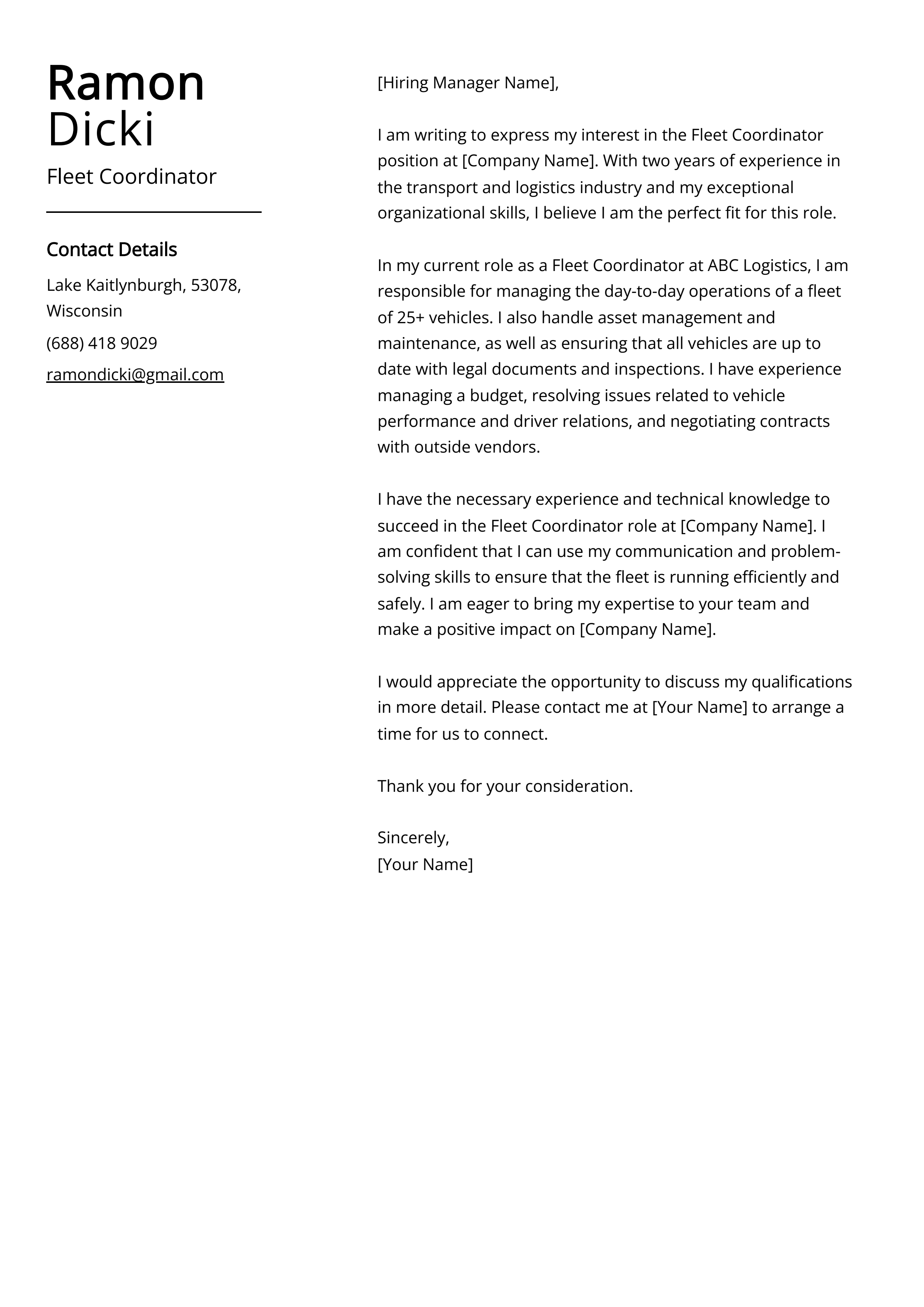 Fleet Coordinator Cover Letter Example