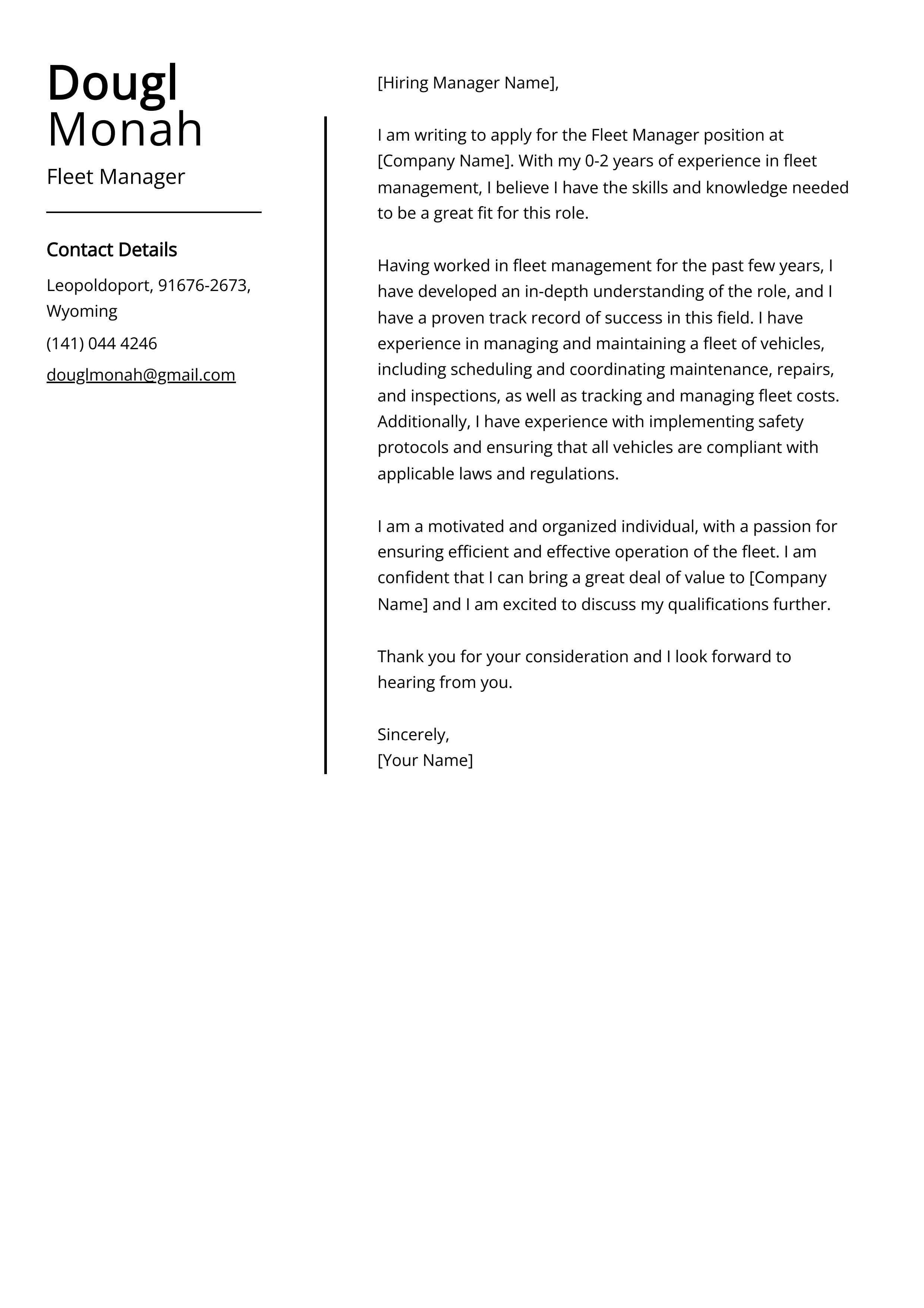 Fleet Manager Cover Letter Example
