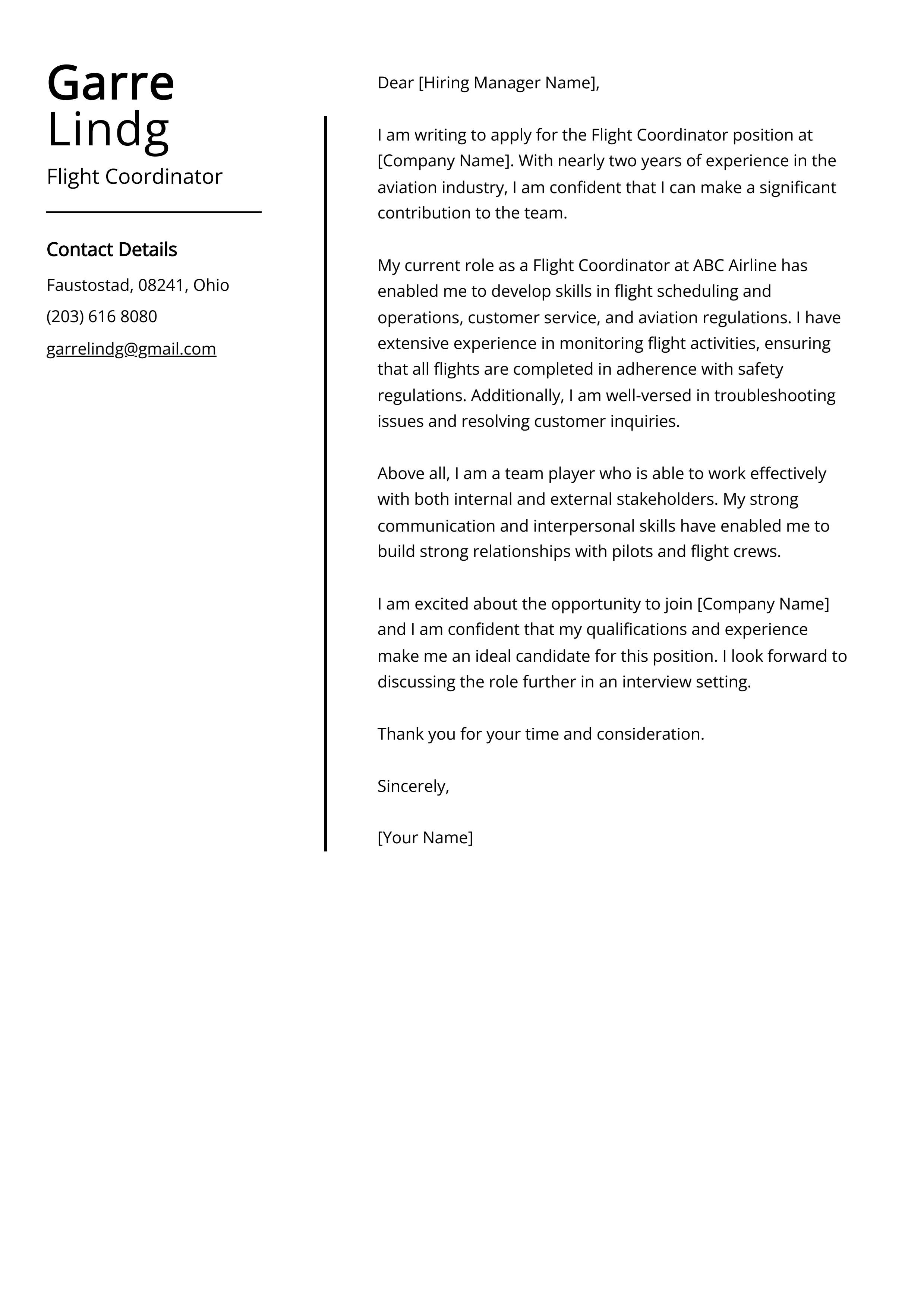 Flight Coordinator Cover Letter Example