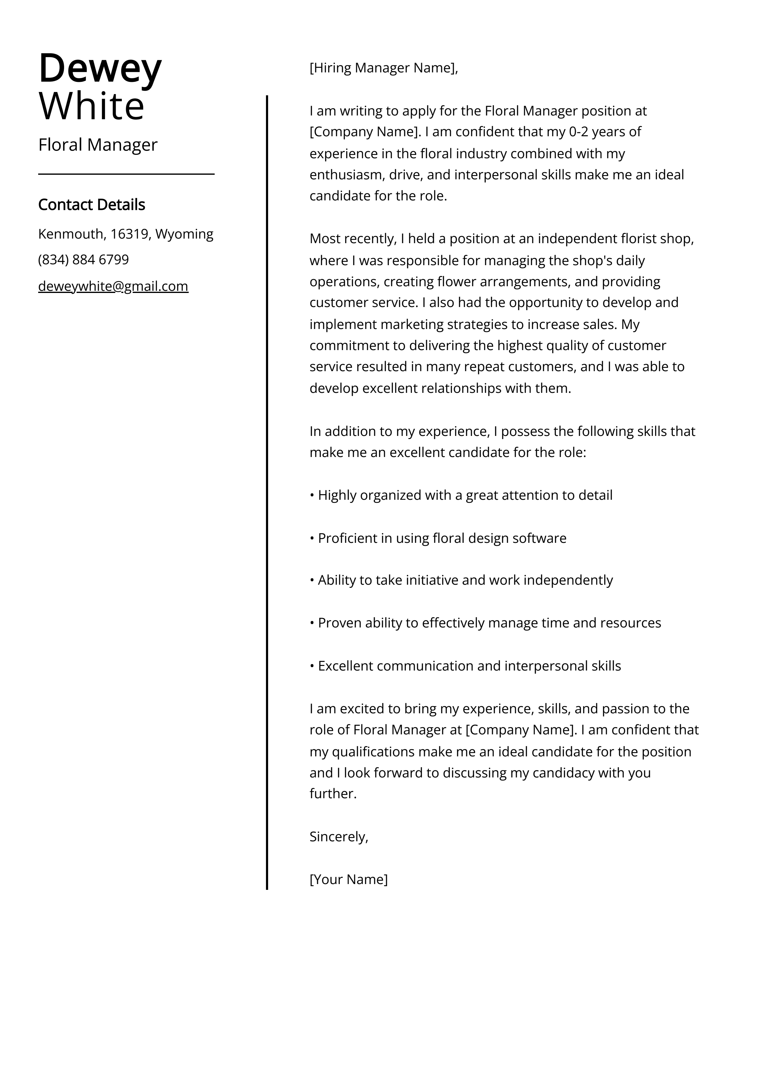 Floral Manager Cover Letter Example