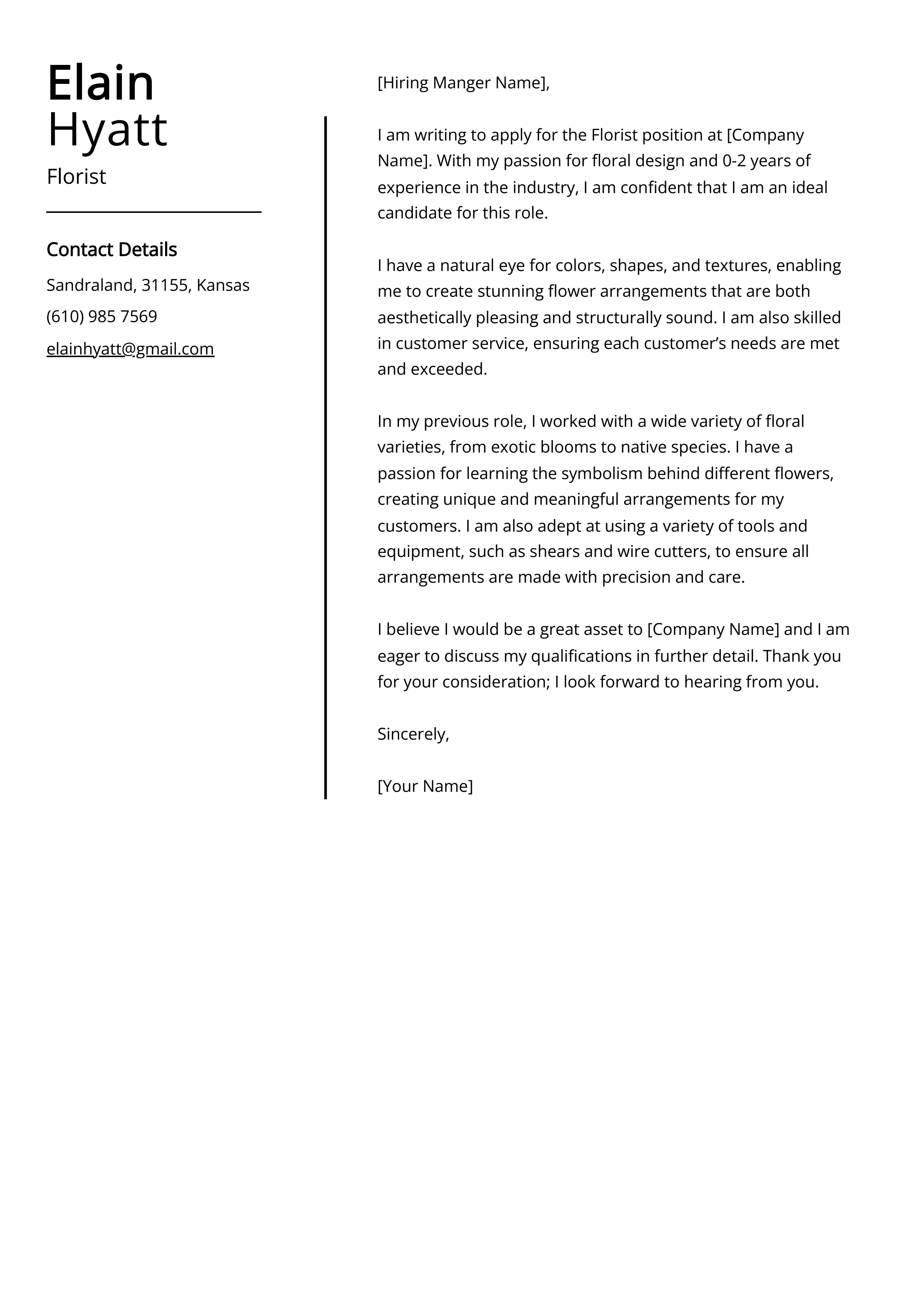Florist Cover Letter Example