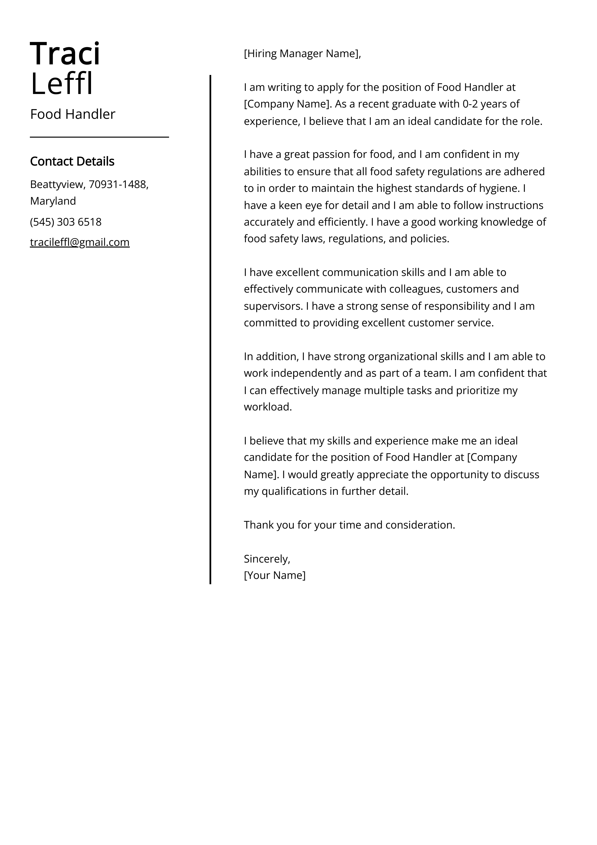 Food Handler Cover Letter Example