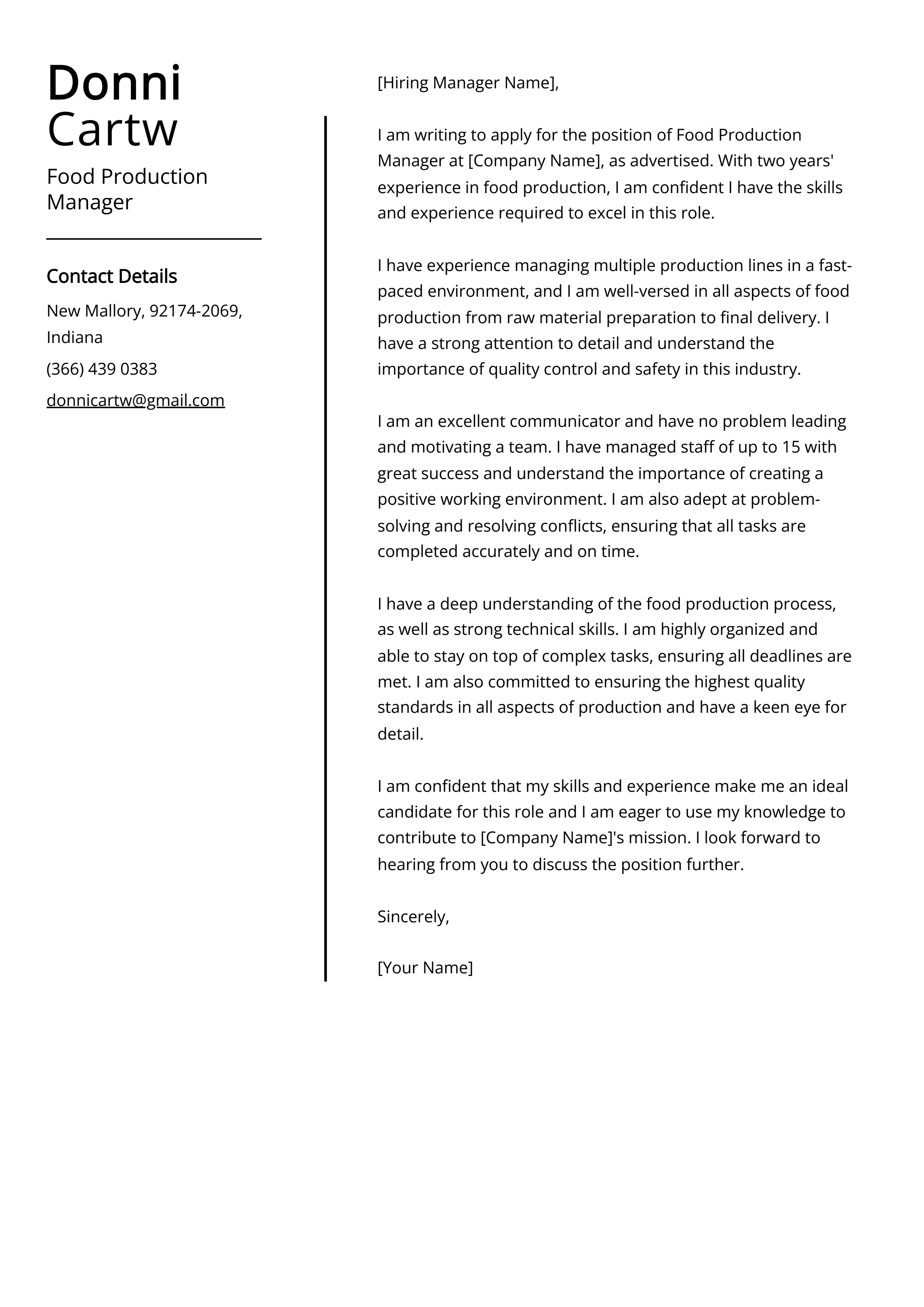Food Production Manager Cover Letter Example