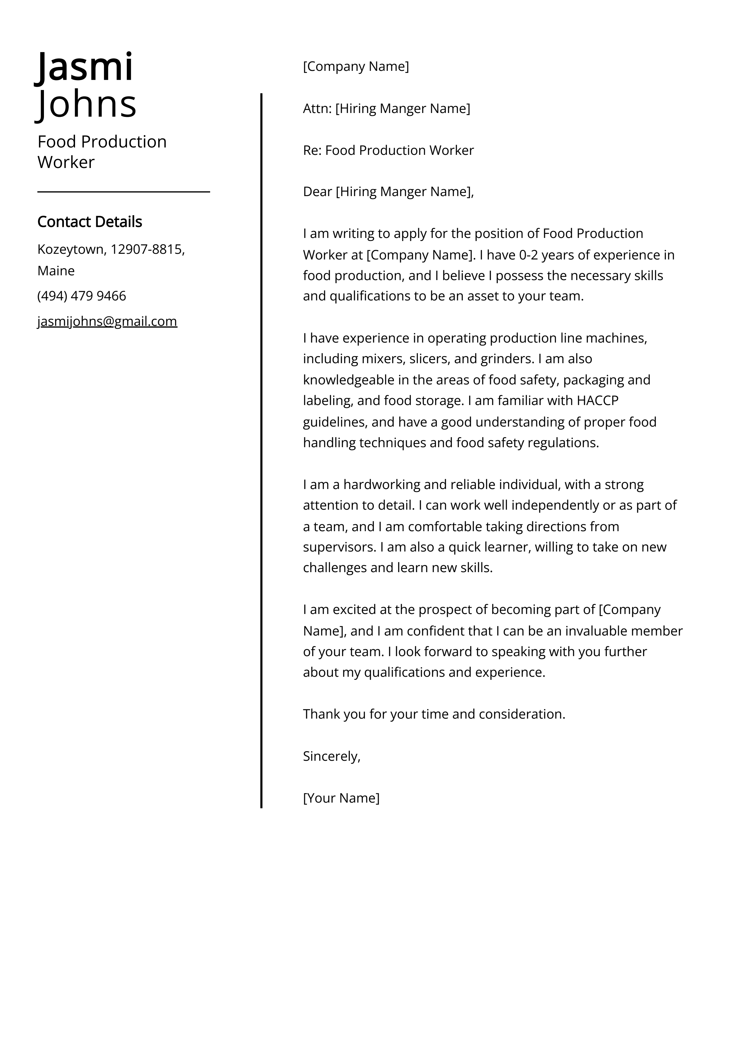 Food Production Worker Cover Letter Example