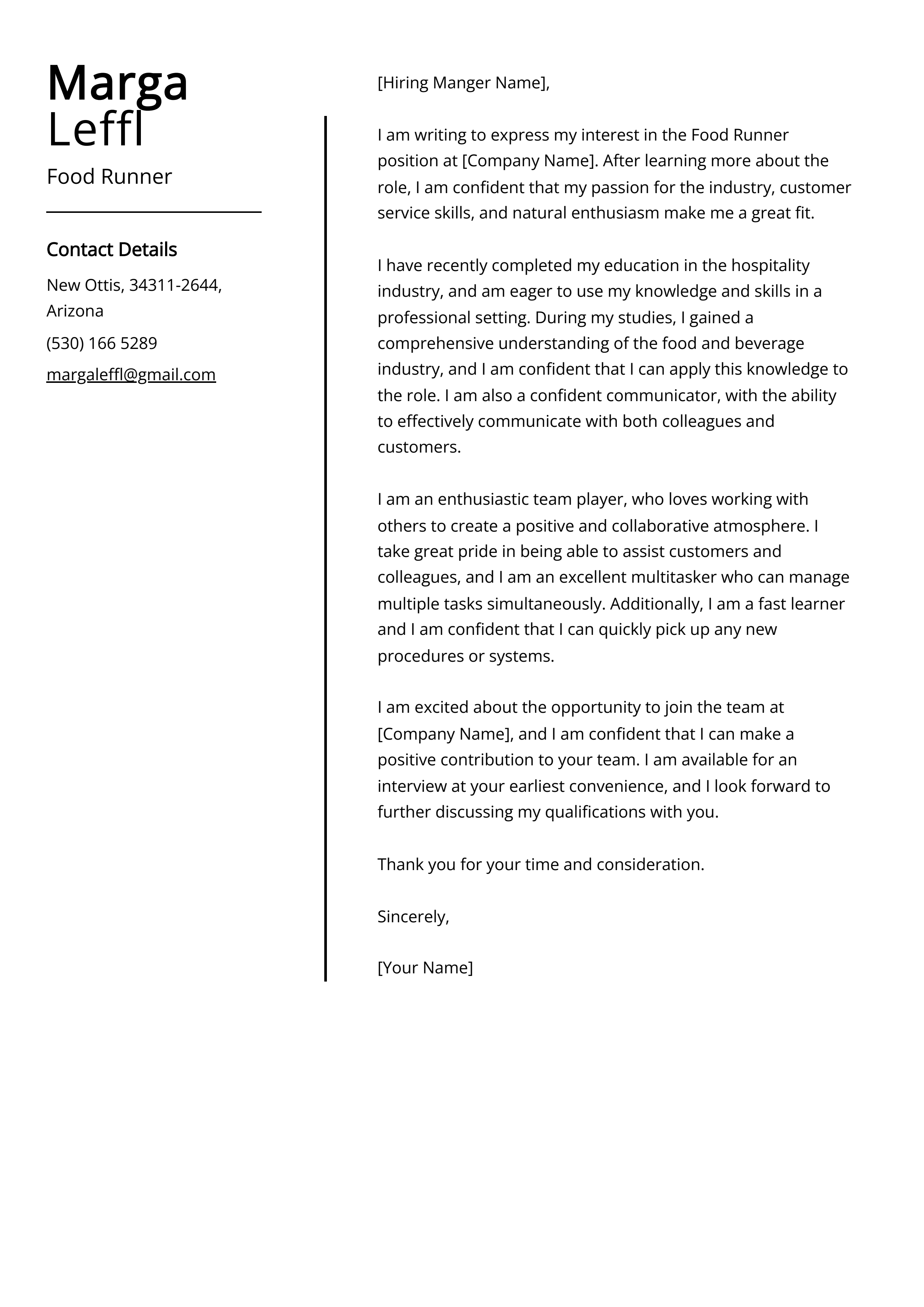 Food Runner Cover Letter Example