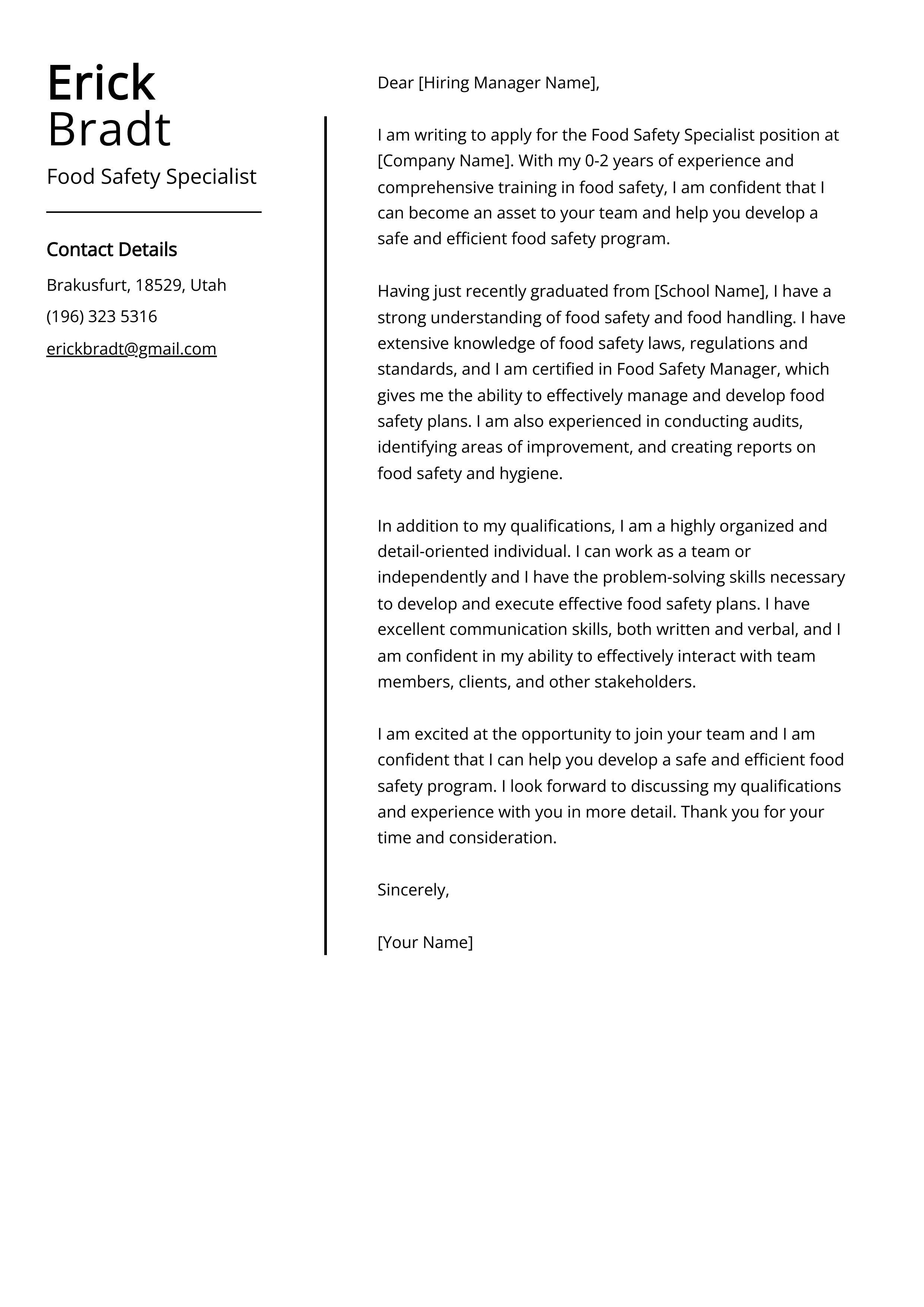 Food Safety Specialist Cover Letter Example