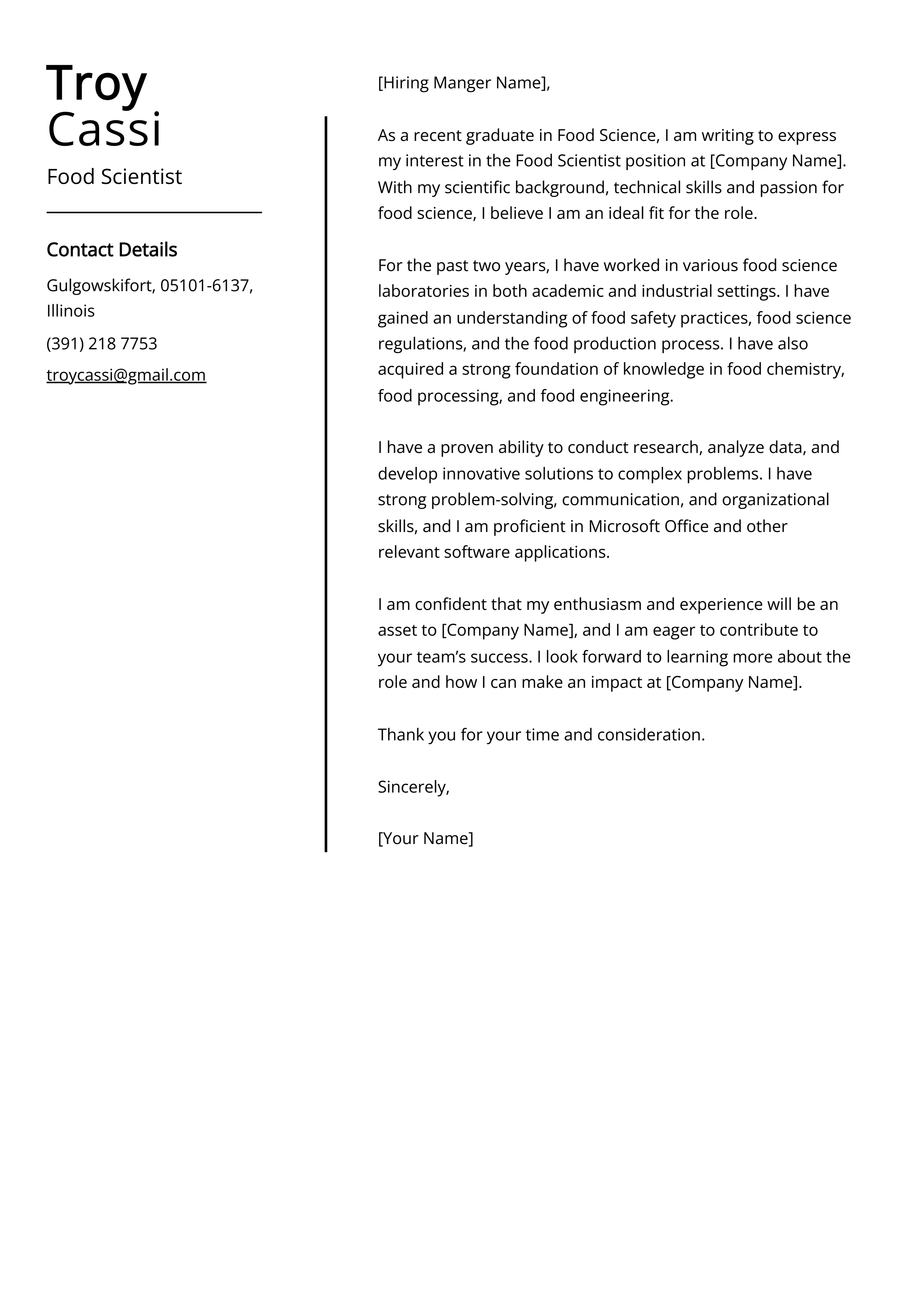 Food Scientist Cover Letter Example