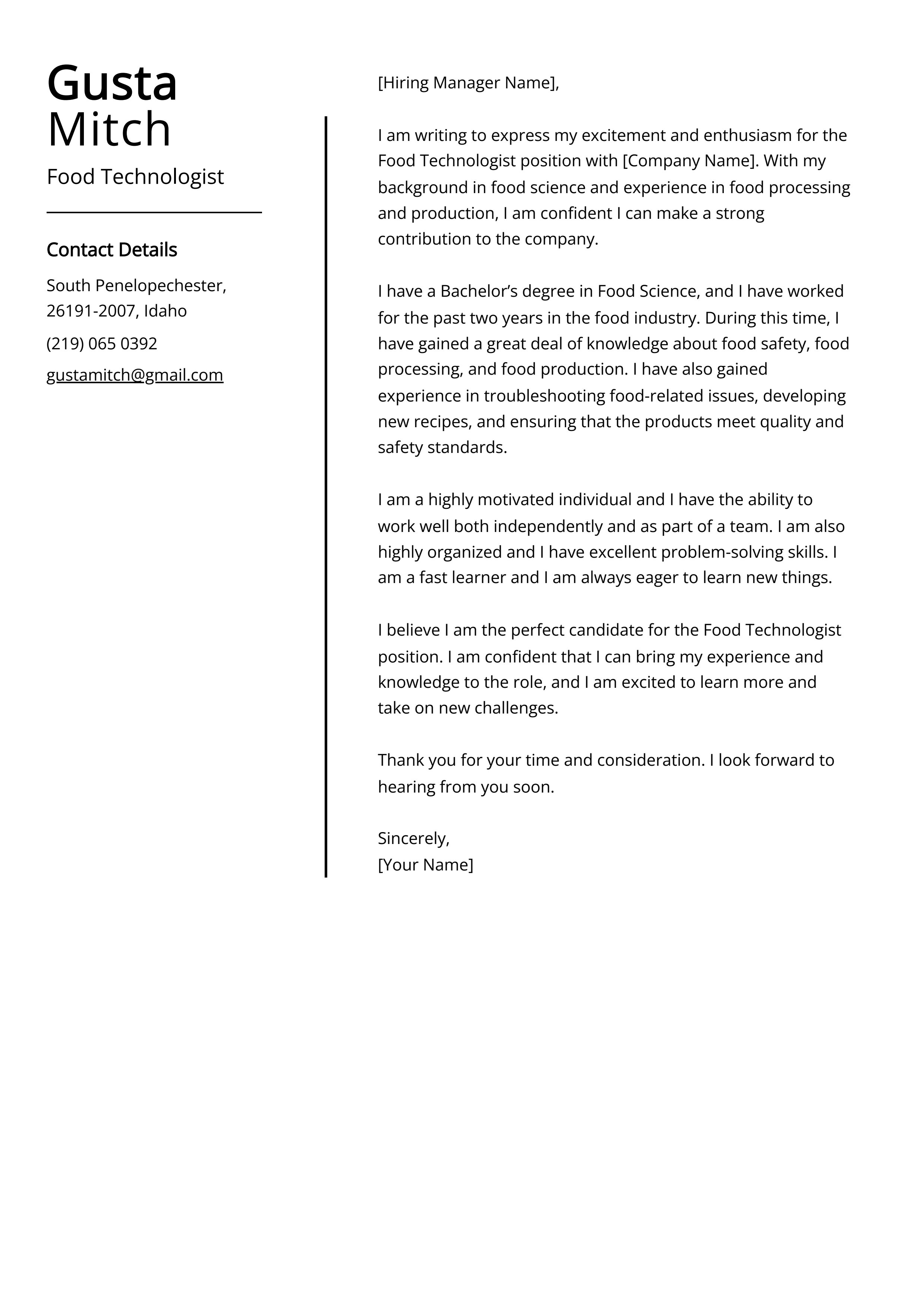 Food Technologist Cover Letter Example