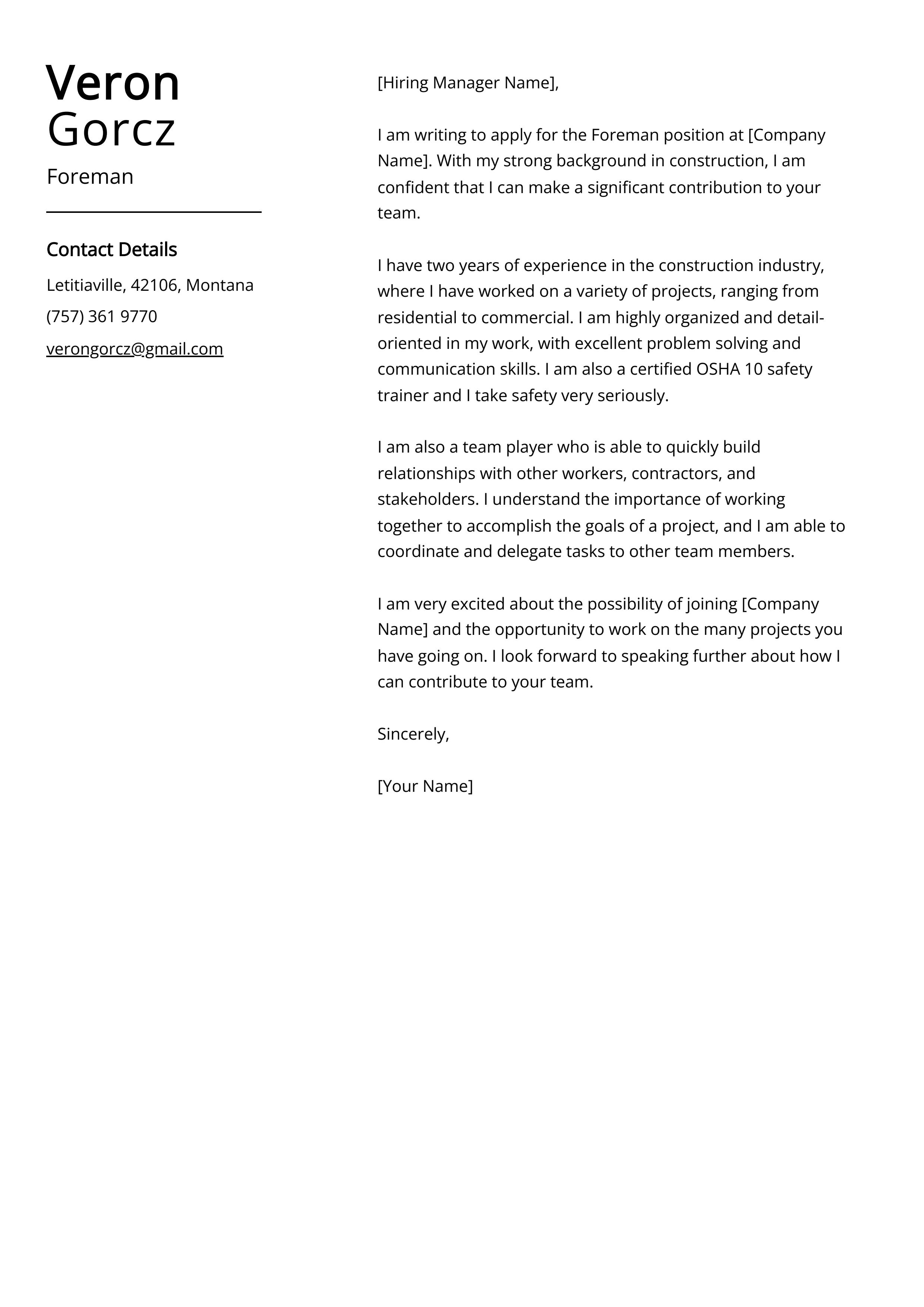 Foreman Cover Letter Example
