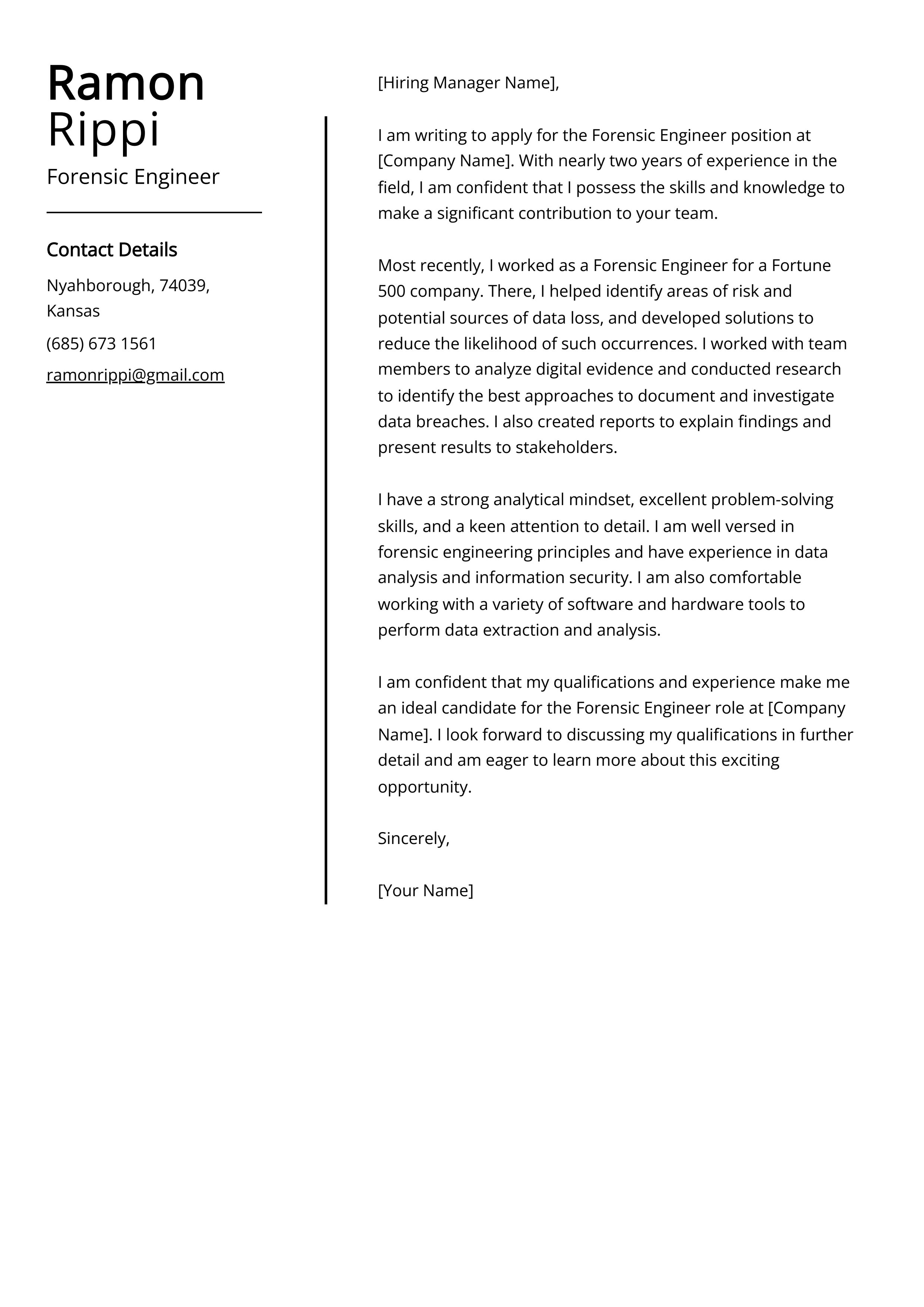 Forensic Engineer Cover Letter Example