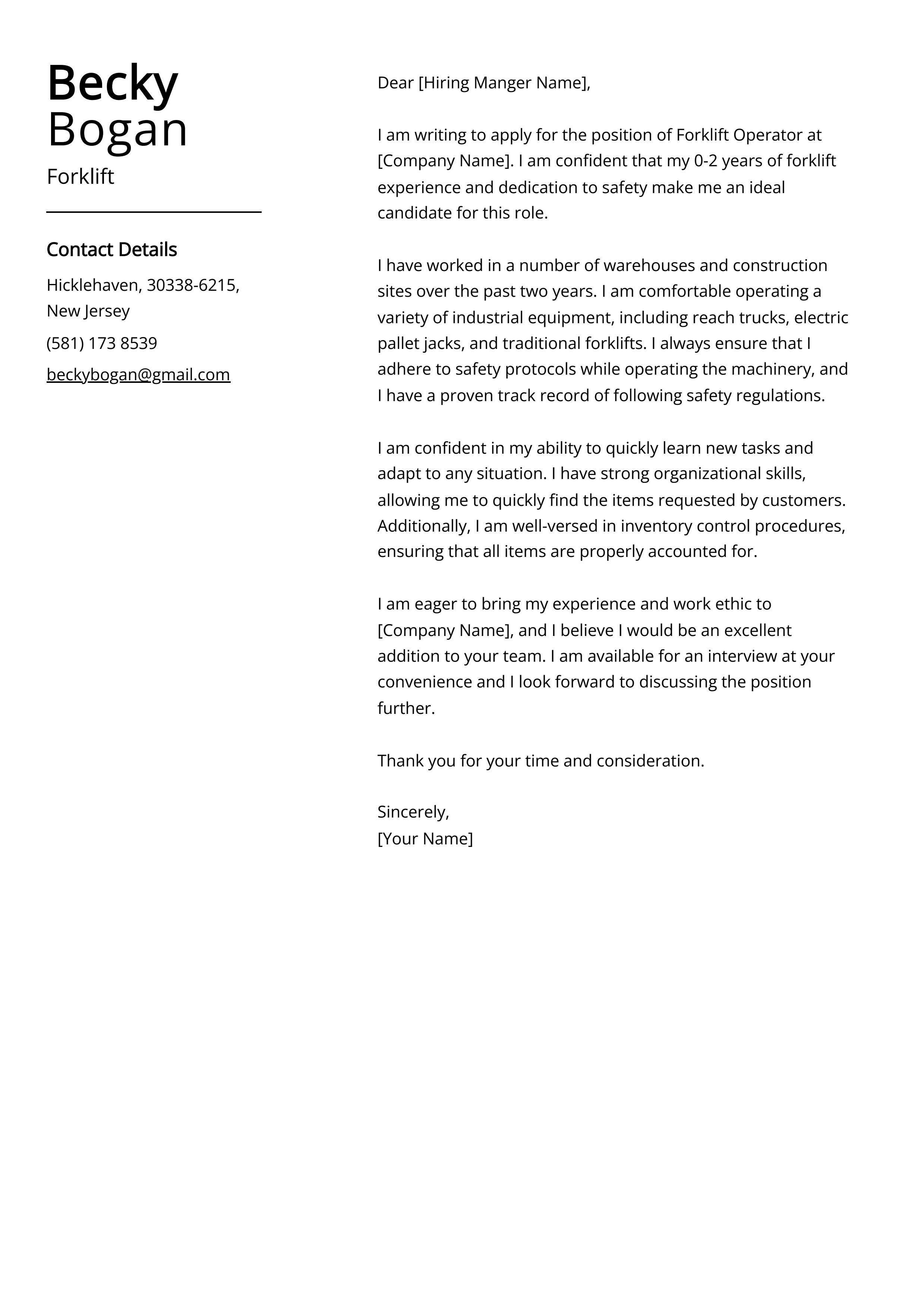 Forklift Cover Letter Example