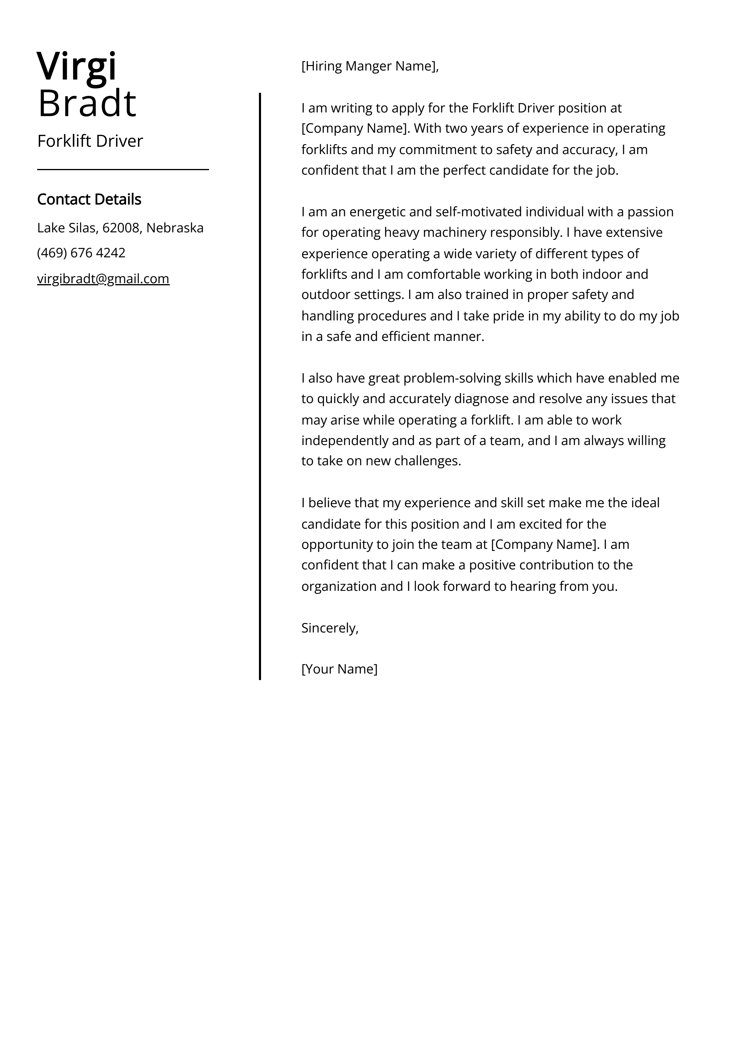Forklift Driver Cover Letter Example