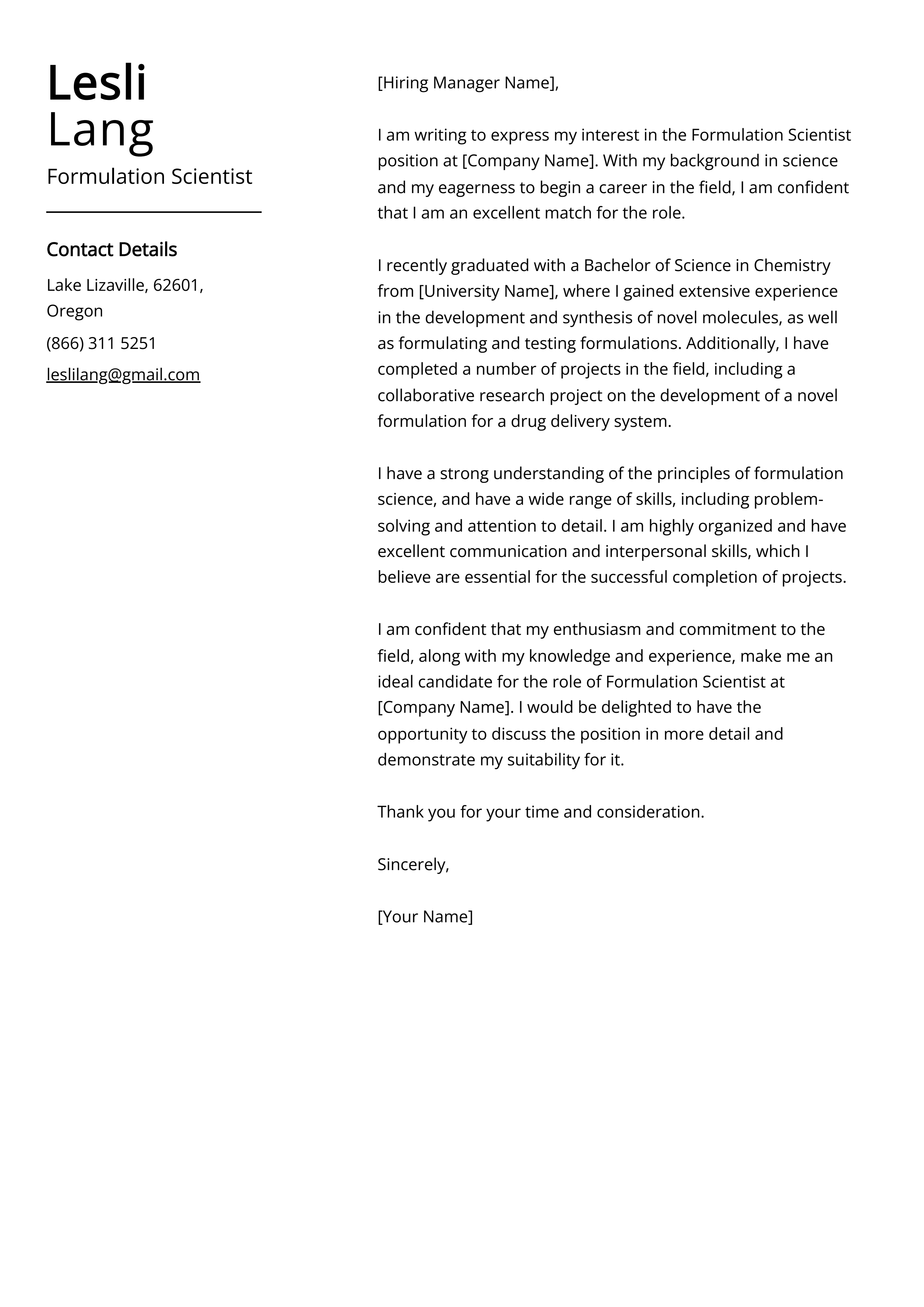 Formulation Scientist Cover Letter Example