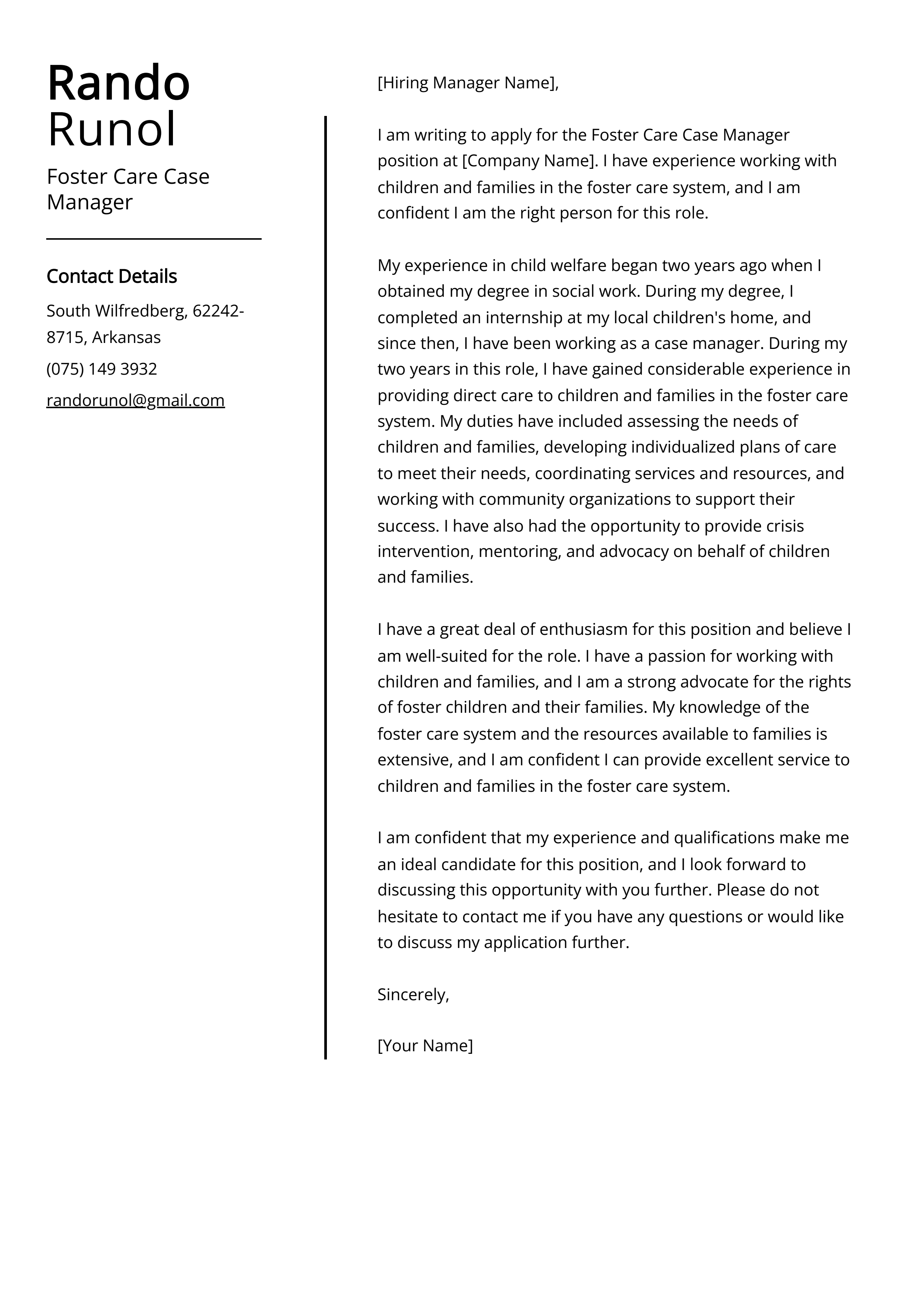 Foster Care Case Manager Cover Letter Example