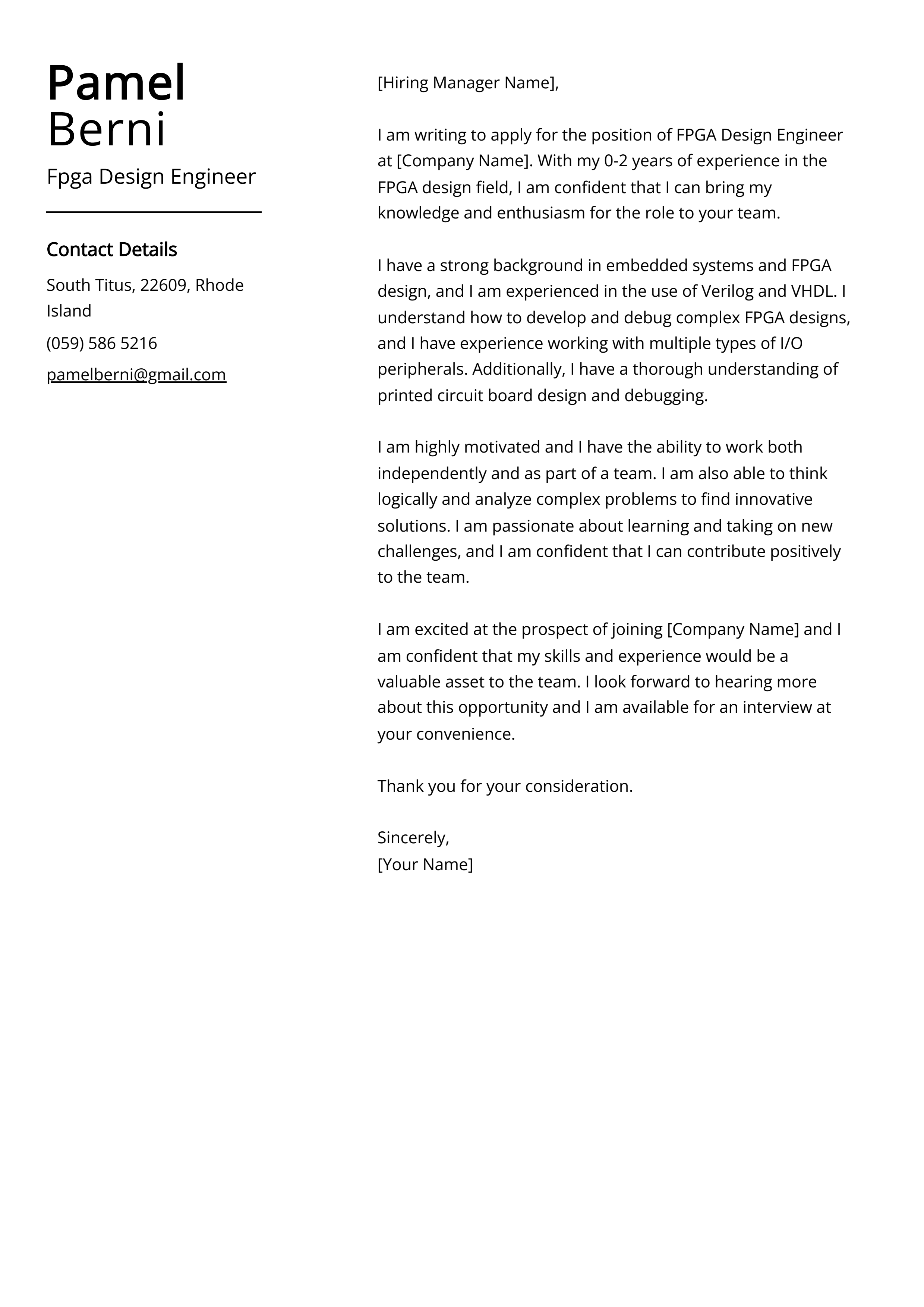 Fpga Design Engineer Cover Letter Example