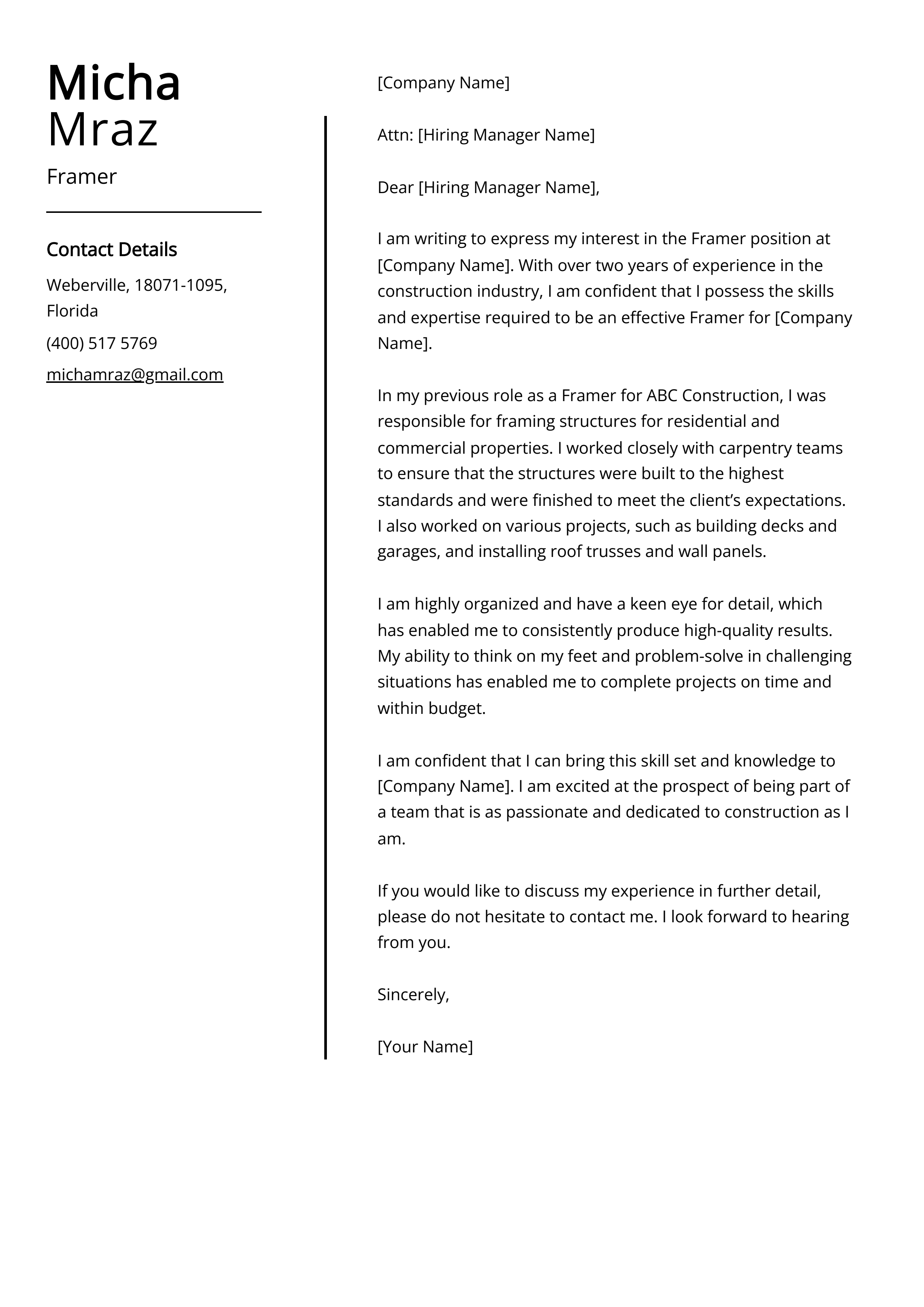 Framer Cover Letter Example