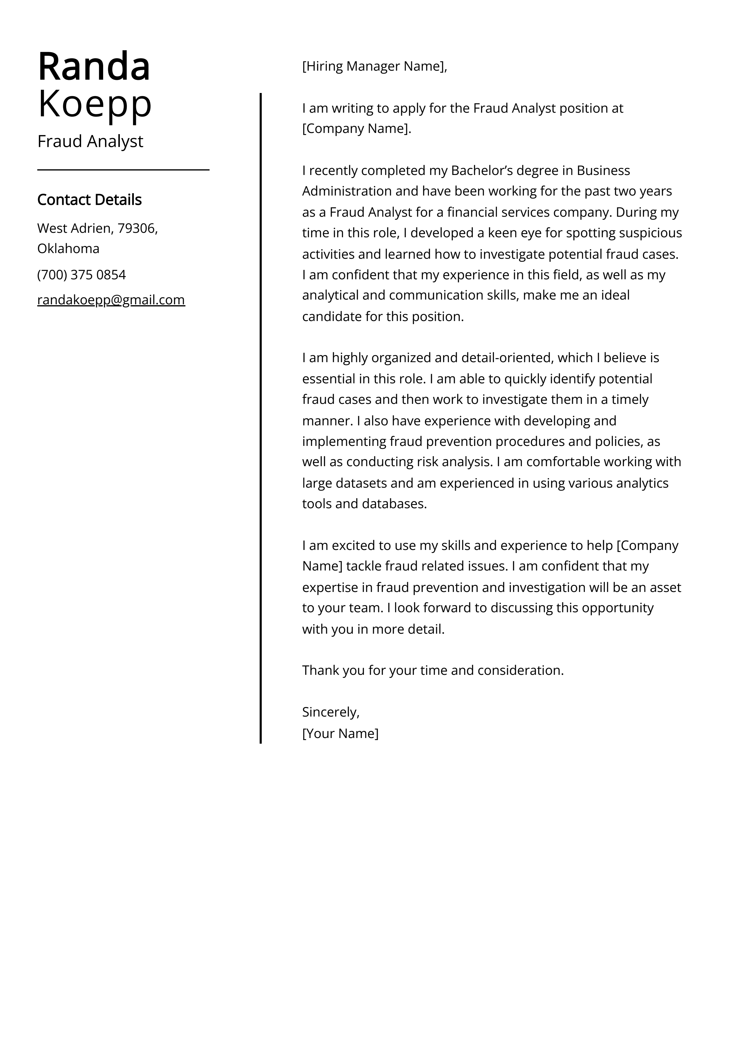 Fraud Analyst Cover Letter Example