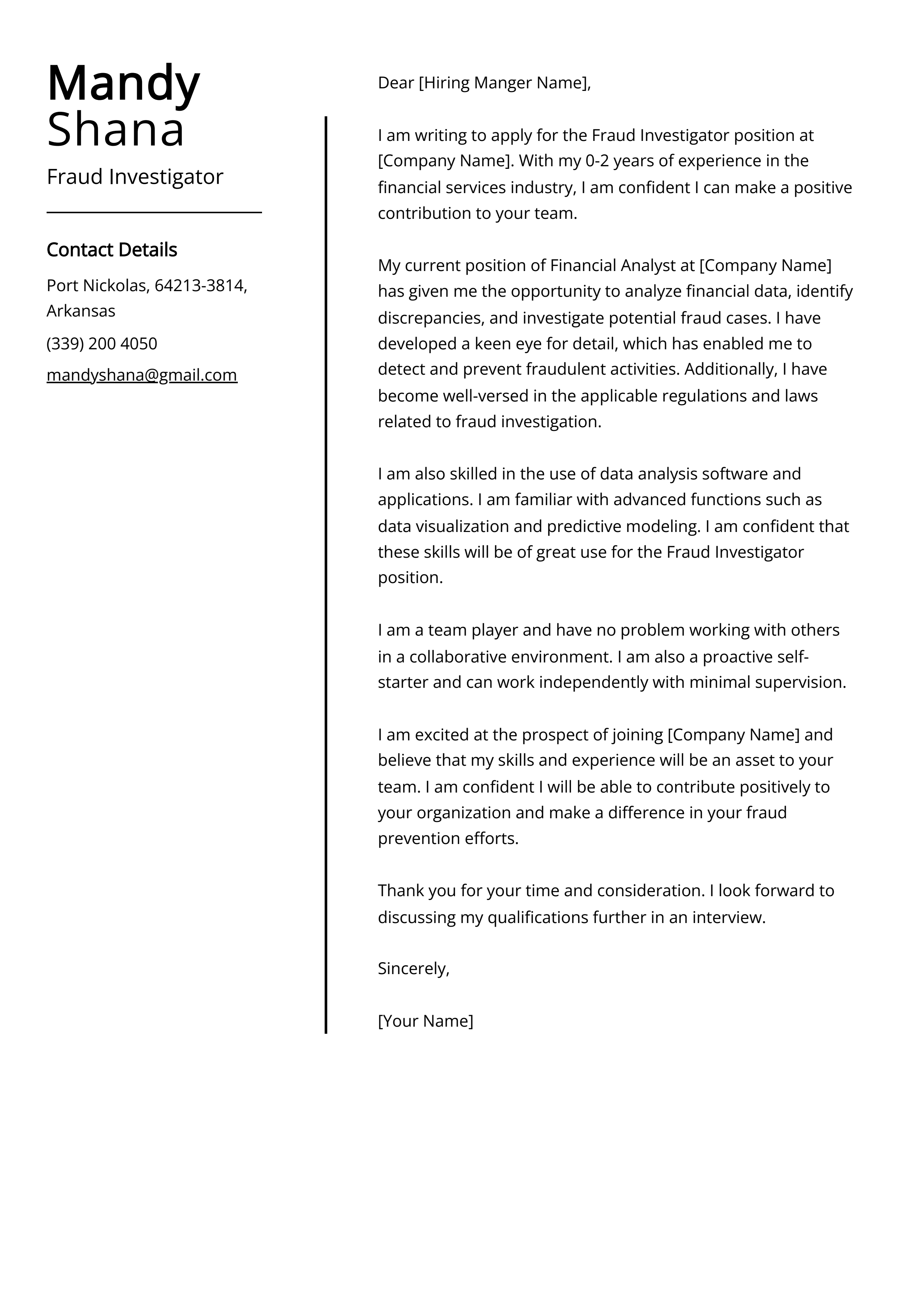 Fraud Investigator Cover Letter Example (Free Guide)