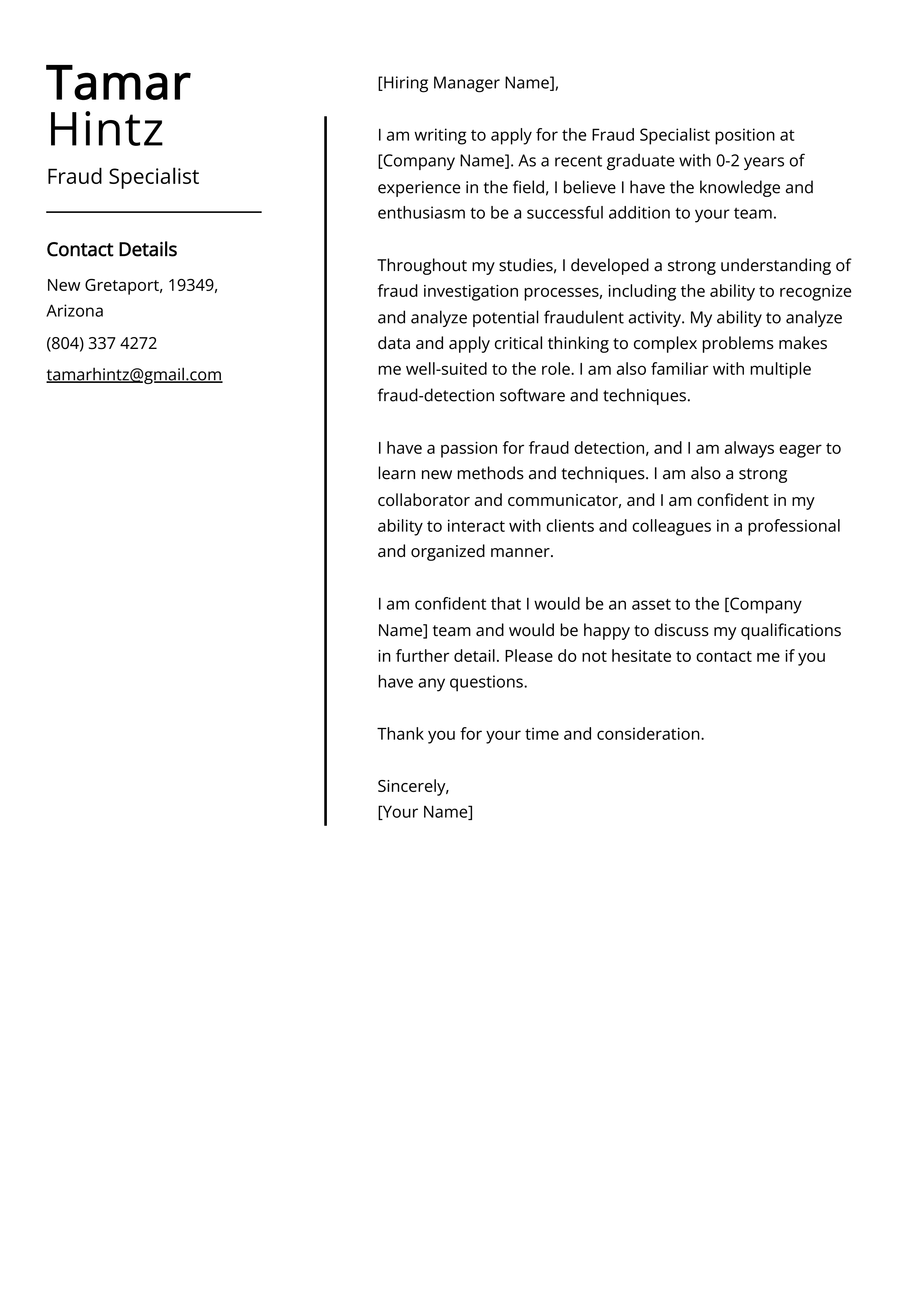 Fraud Specialist Cover Letter Example