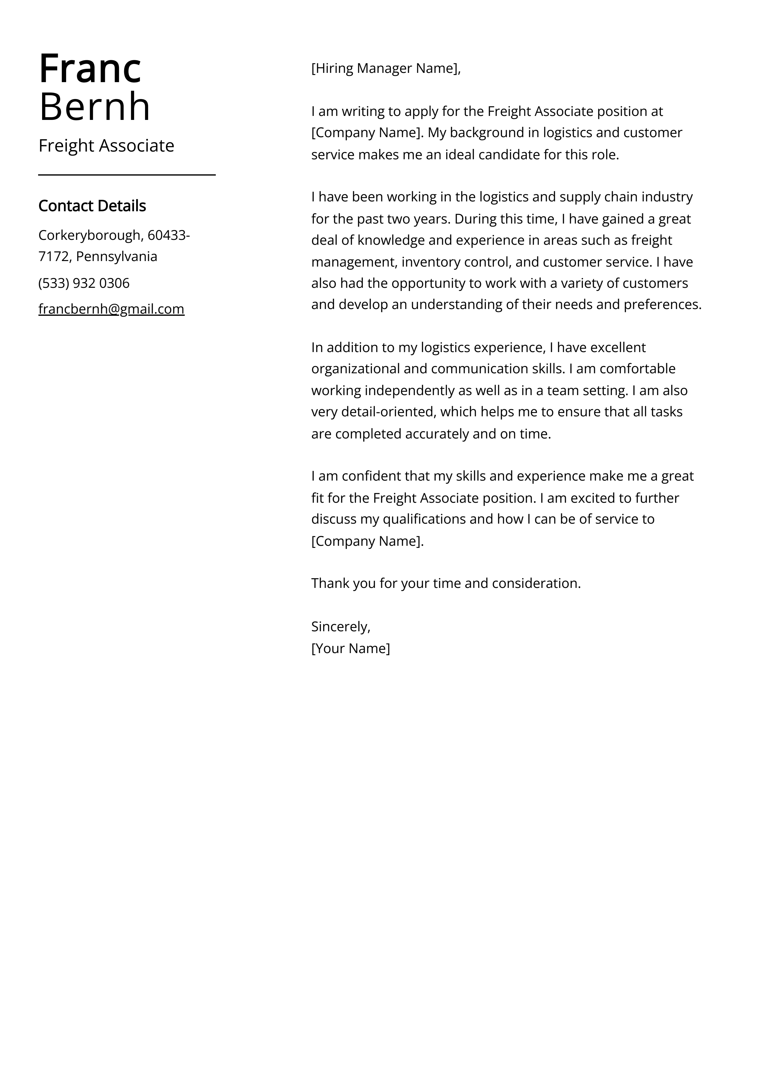 Freight Associate Cover Letter Example