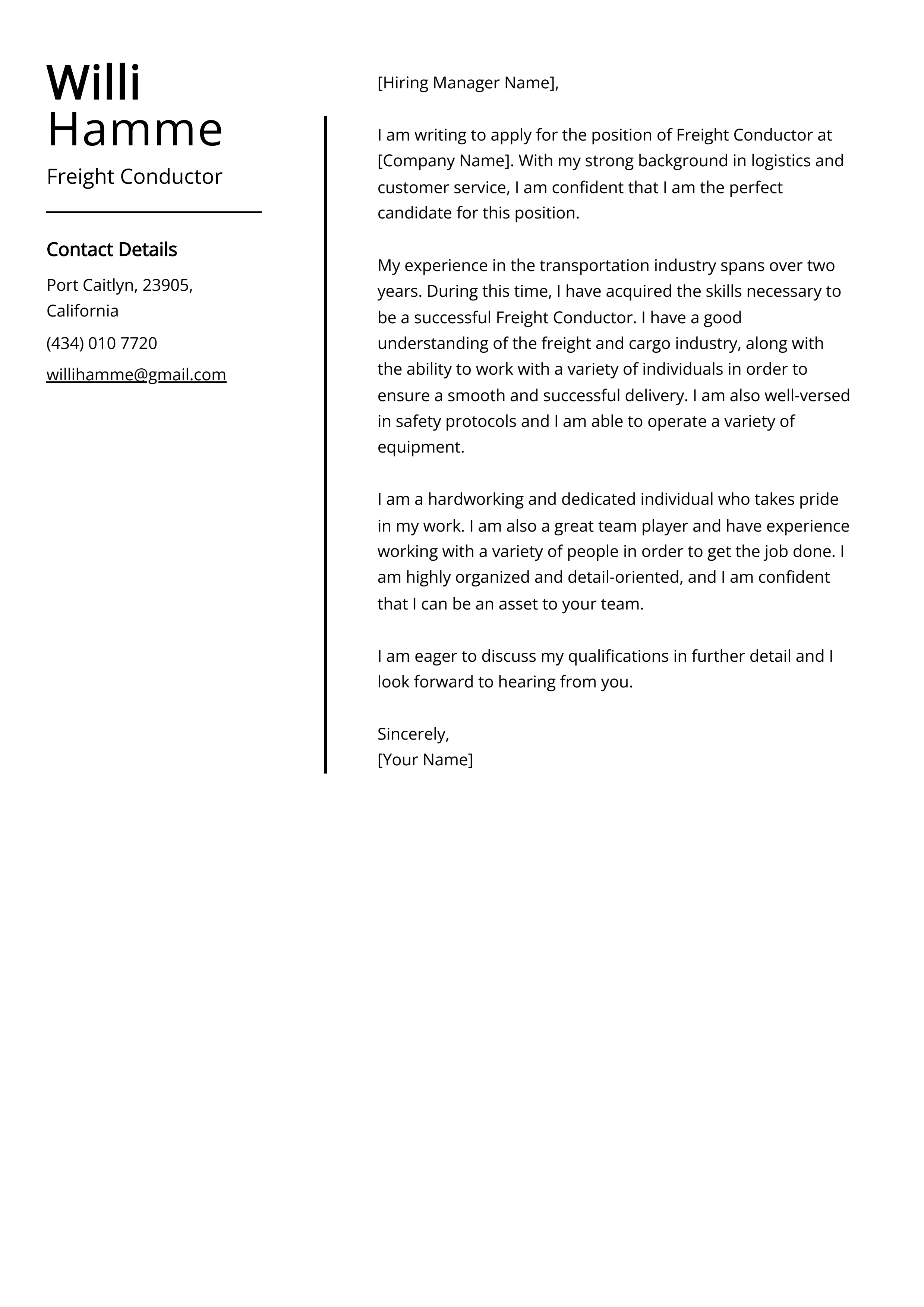 Freight Conductor Cover Letter Example