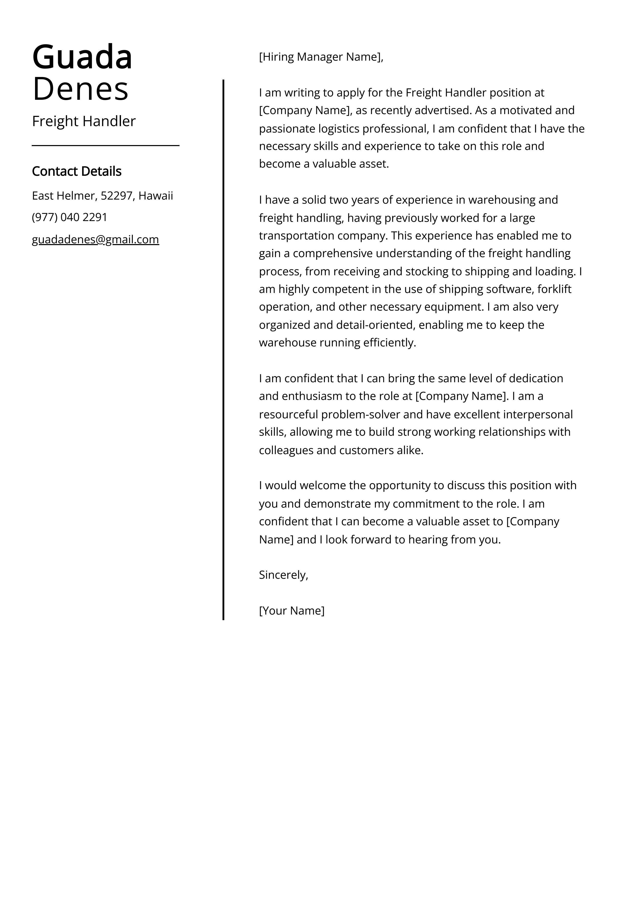 Freight Handler Cover Letter Example