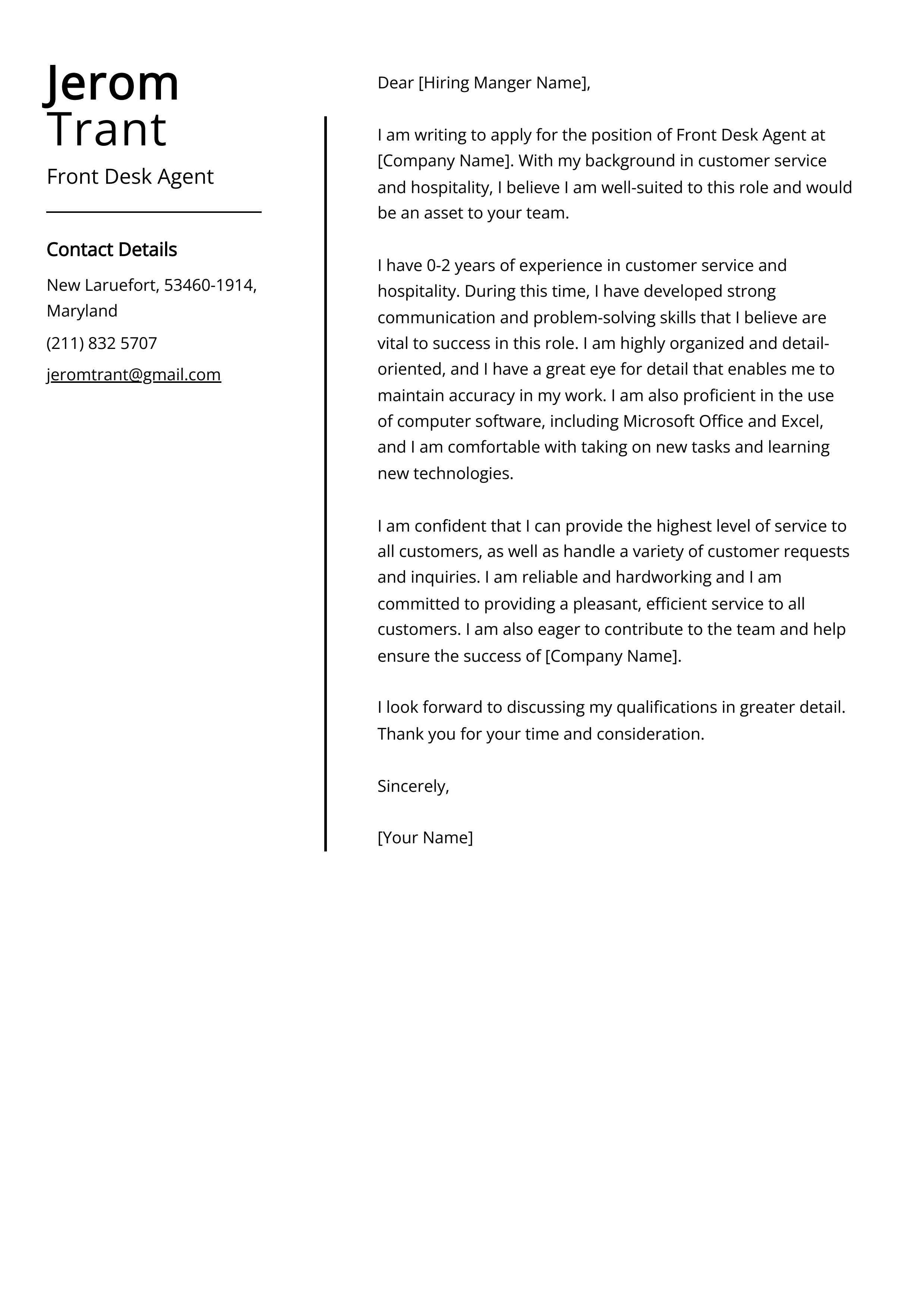 Front Desk Agent Cover Letter Example