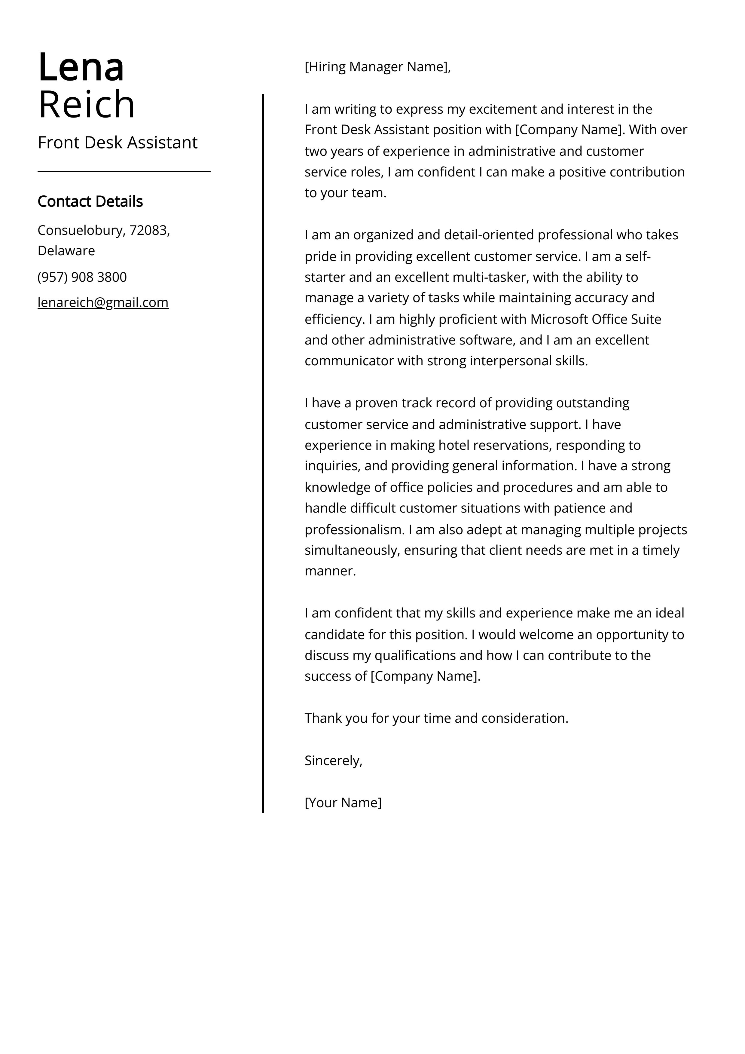 Front Desk Assistant Cover Letter Example
