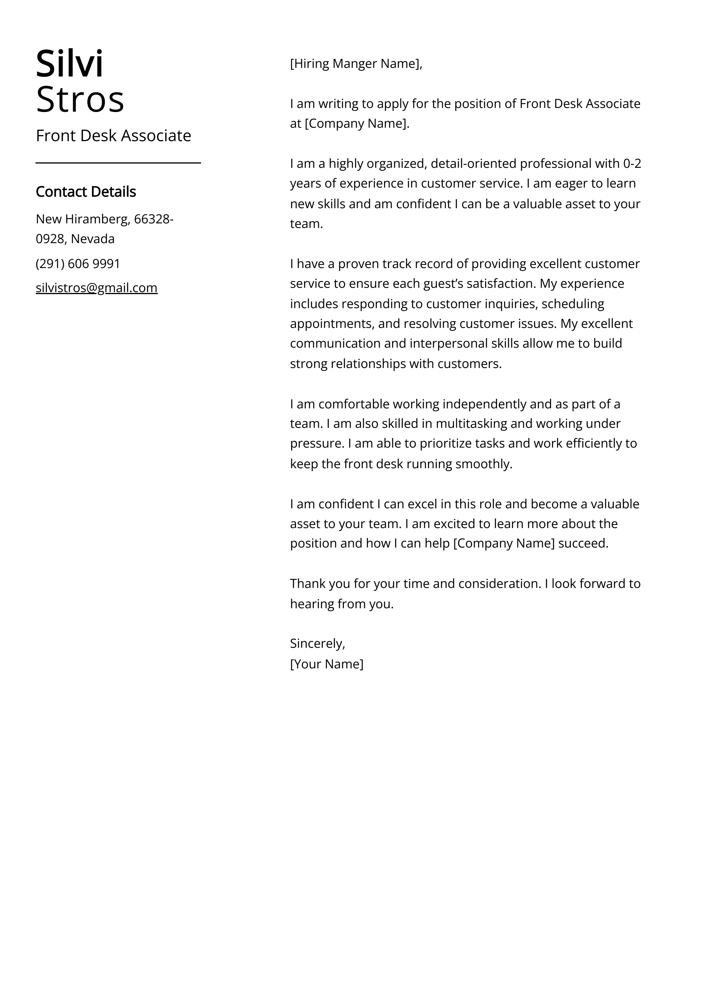 Front Desk Associate Cover Letter Example