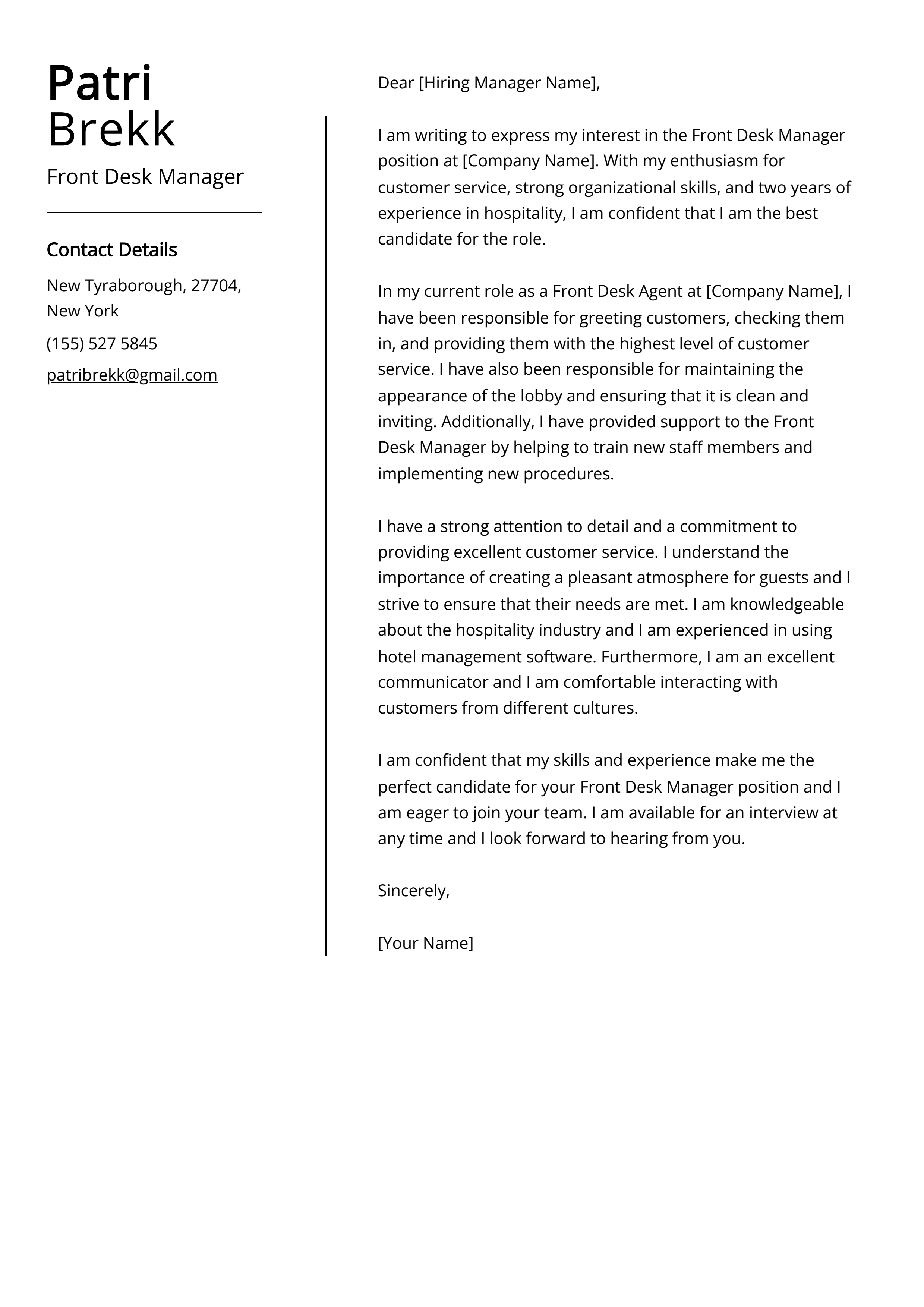 Front Desk Manager Cover Letter Example
